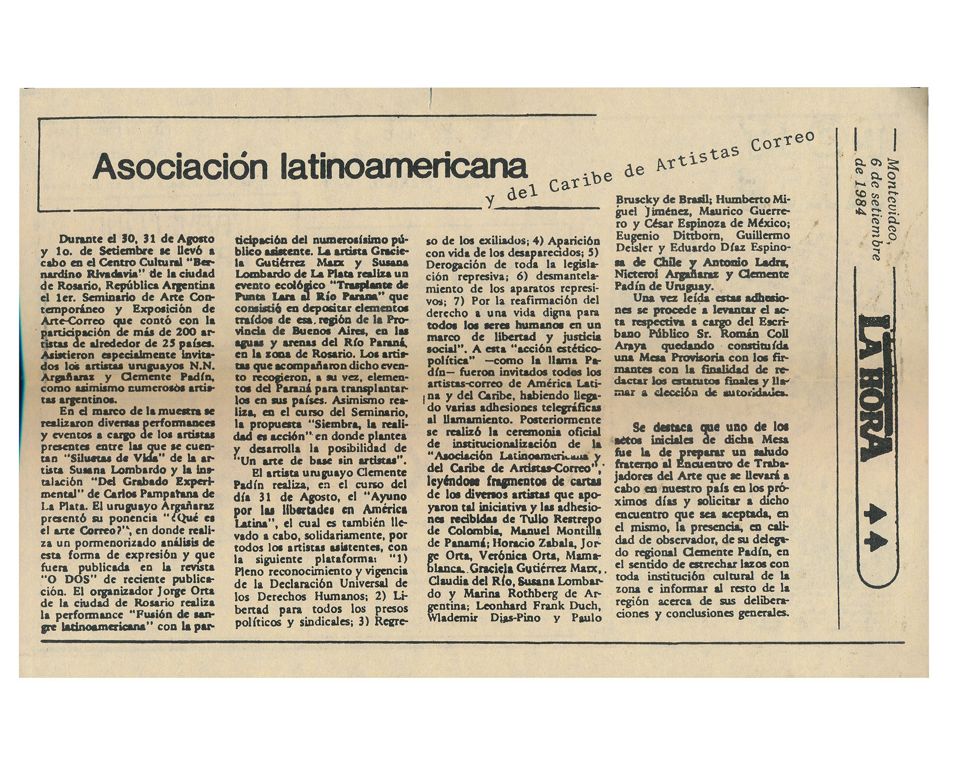 Asociación Latinoamericana y del Caribe de artistas correo, La Hora, Hoja, Uruguay, 1984