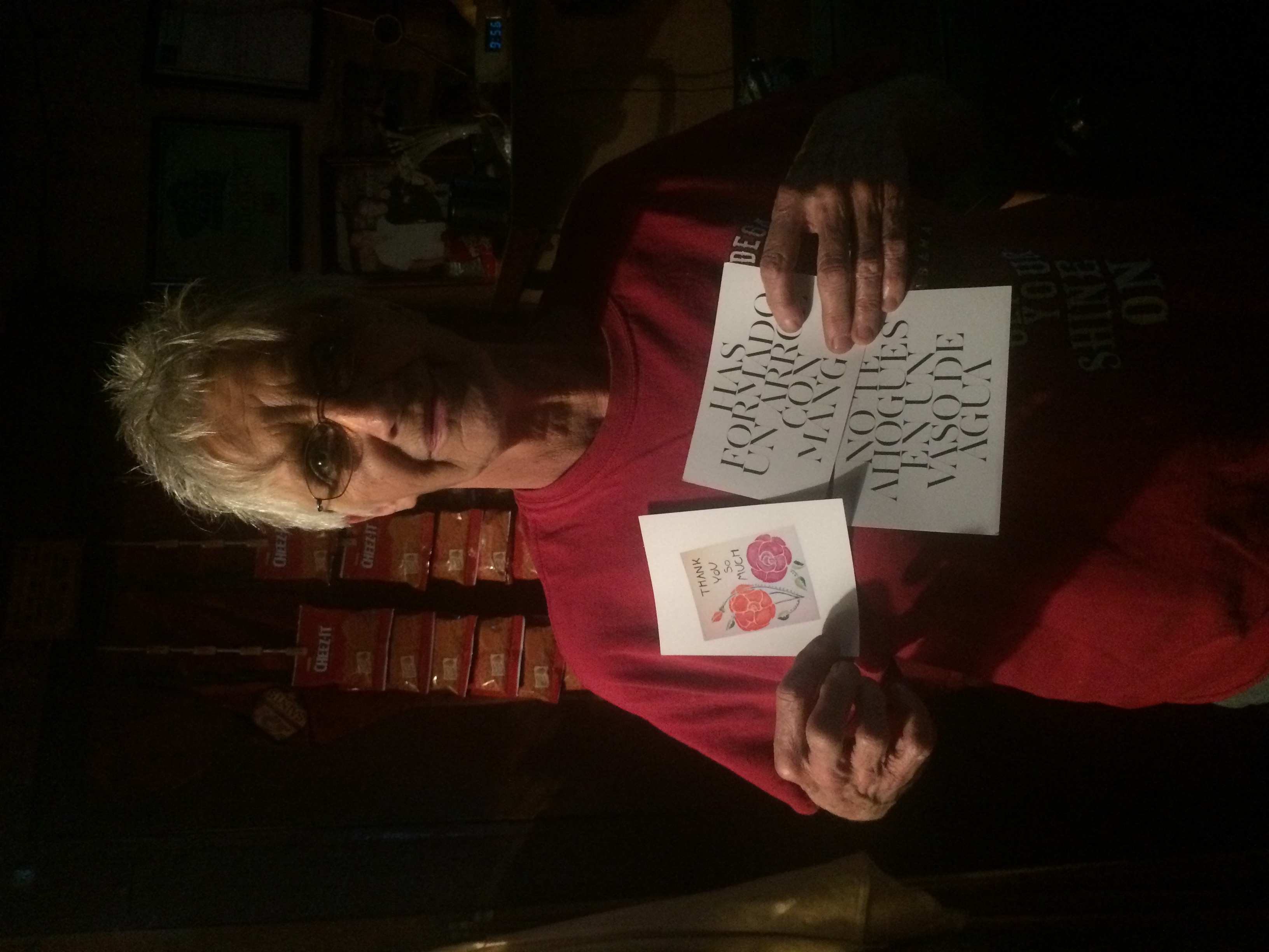 This is miss Betty. She runs the local watering hole in Summit, Mississippi. She's been running the bar since 1985. She loved the Postcards for America project and was happy to take these cards. One card is Anna Magnuson's thank you card and the  other two are Ana Llorente’s.