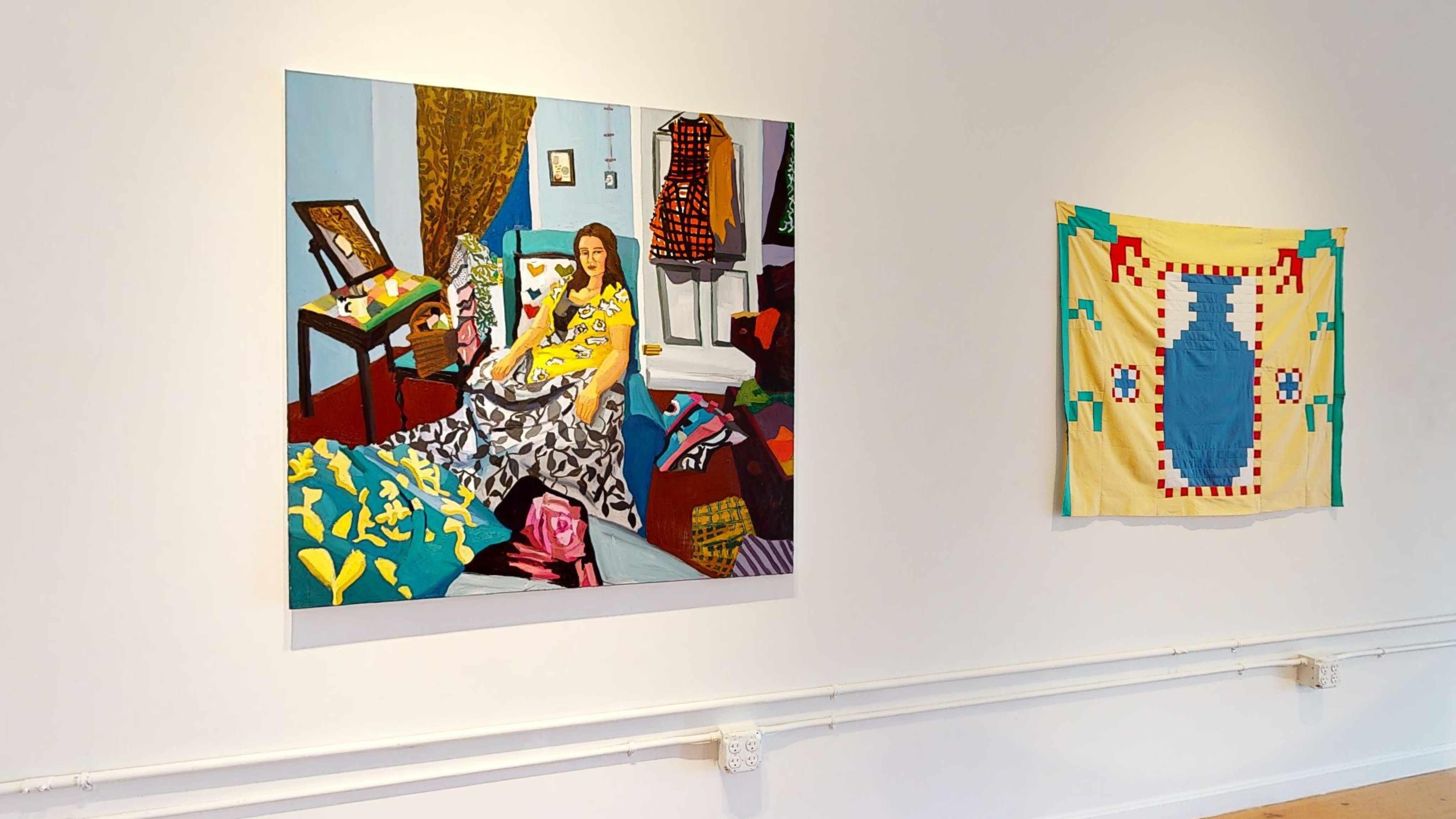 Erin's Apartment by Alison Cofrancesco, 2020, oil on canvas, 48×48 in. Blue Cross Flowers Urn by Reilly Blum, 2019, cotton, 46×36 in. These two together offer both a harsh bouquet of colours and a subtle grace.