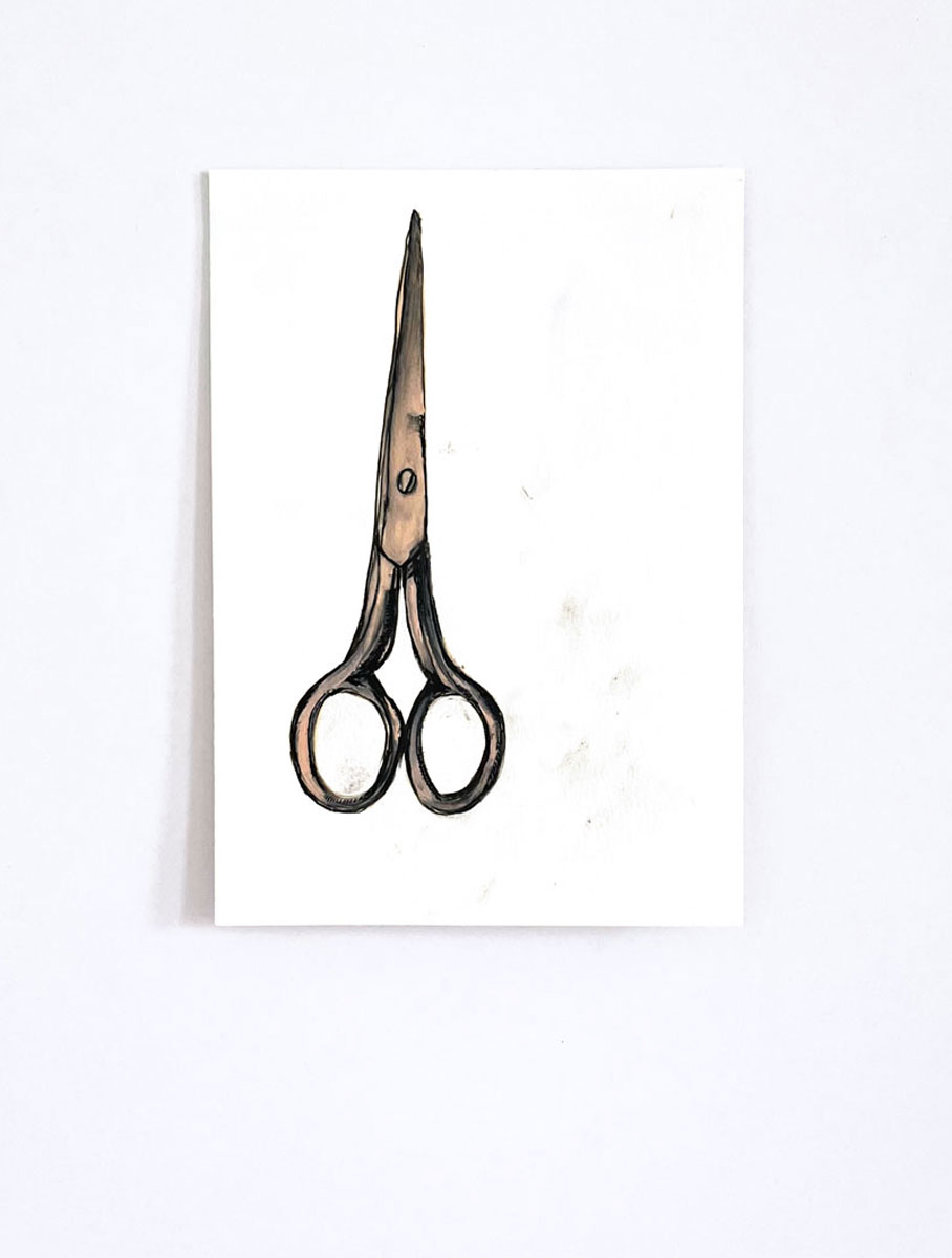 13/26 — SCISSORS.During her residency at the MQ21 in Vienna, Austria, as part of her Fulbright Independent Scholar appointment, Quinn began working on a companion drawing project to The Haircut while conducting new research on women's representation in media.  Charcoal, drawing pens and markers, oil pastel, paint, and pencil, the group of seventy-some drawings ranges in size from A5 to A2 on various papers; 2021-ongoing.