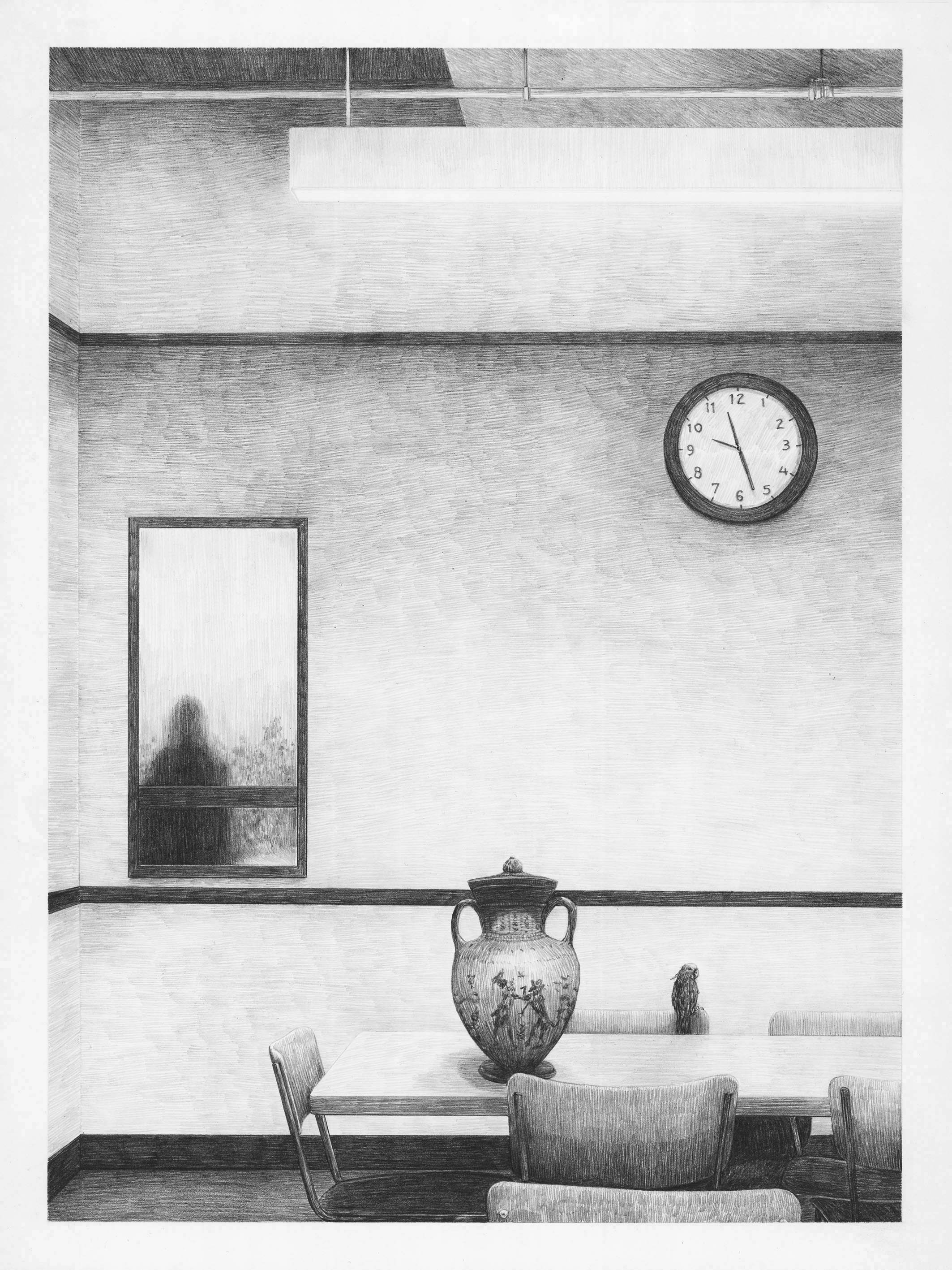 A room, clock, vase and bird, 2022. Graphite on paper, mounted to panel, 16 x 12 in.