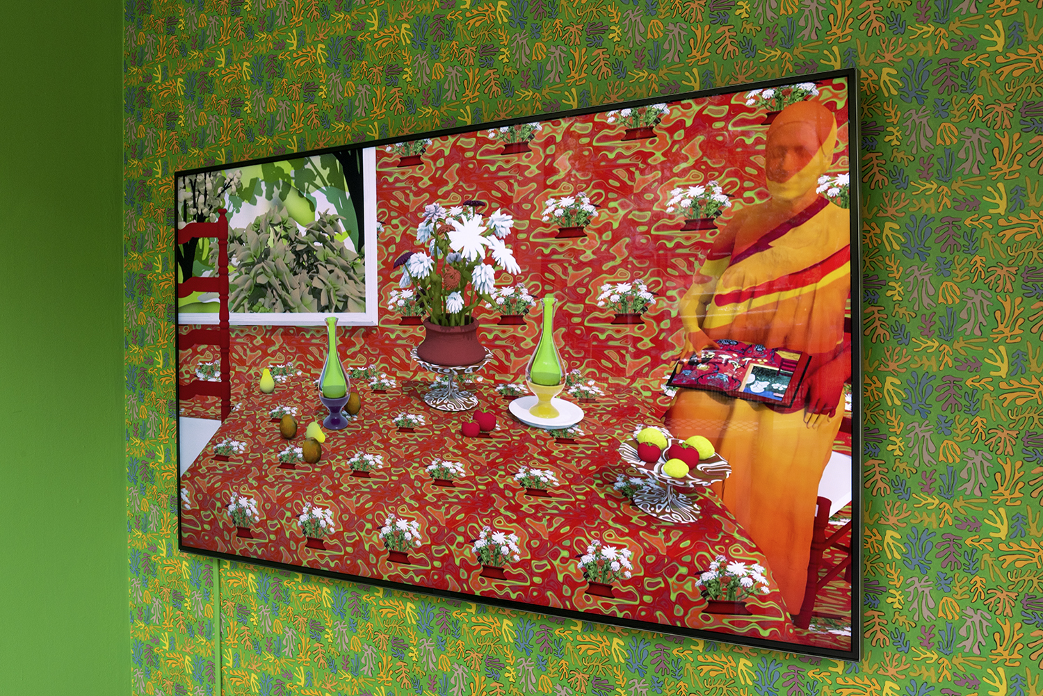 The Orange Room, 2019, Video animation (color, sound), media player, screen or projector, dimensions variable, landscape orientation 5 min, loop; Matissesque , 2020, Custom augmented-reality wallpaper, custom augmented-reality software application, tablet, dimensions variable