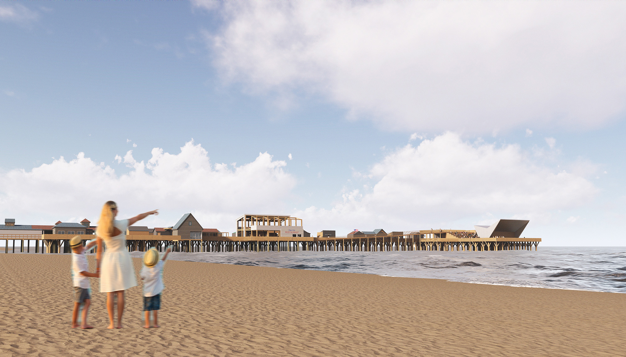 From Top to Bottom: Exploded Isometric, Site Plan, Perspective from Beach.