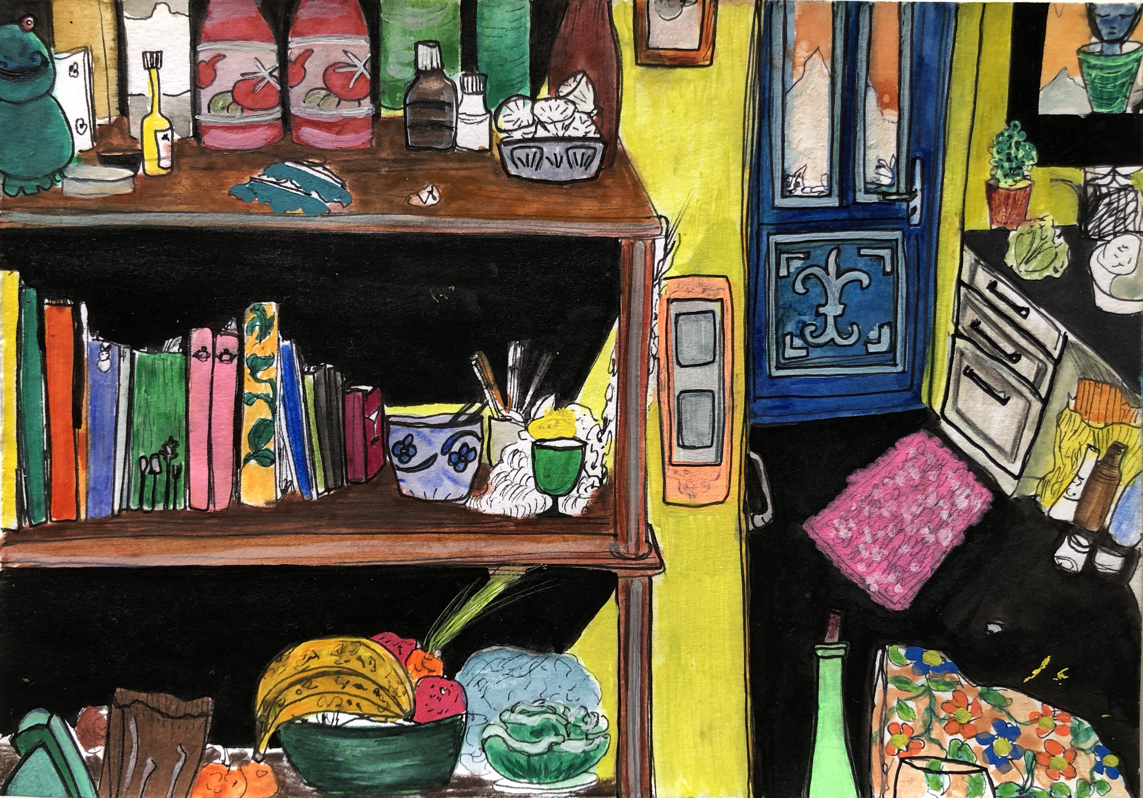 La sedia capotavola - Mixed media on paper - 14,5x20,5 cm