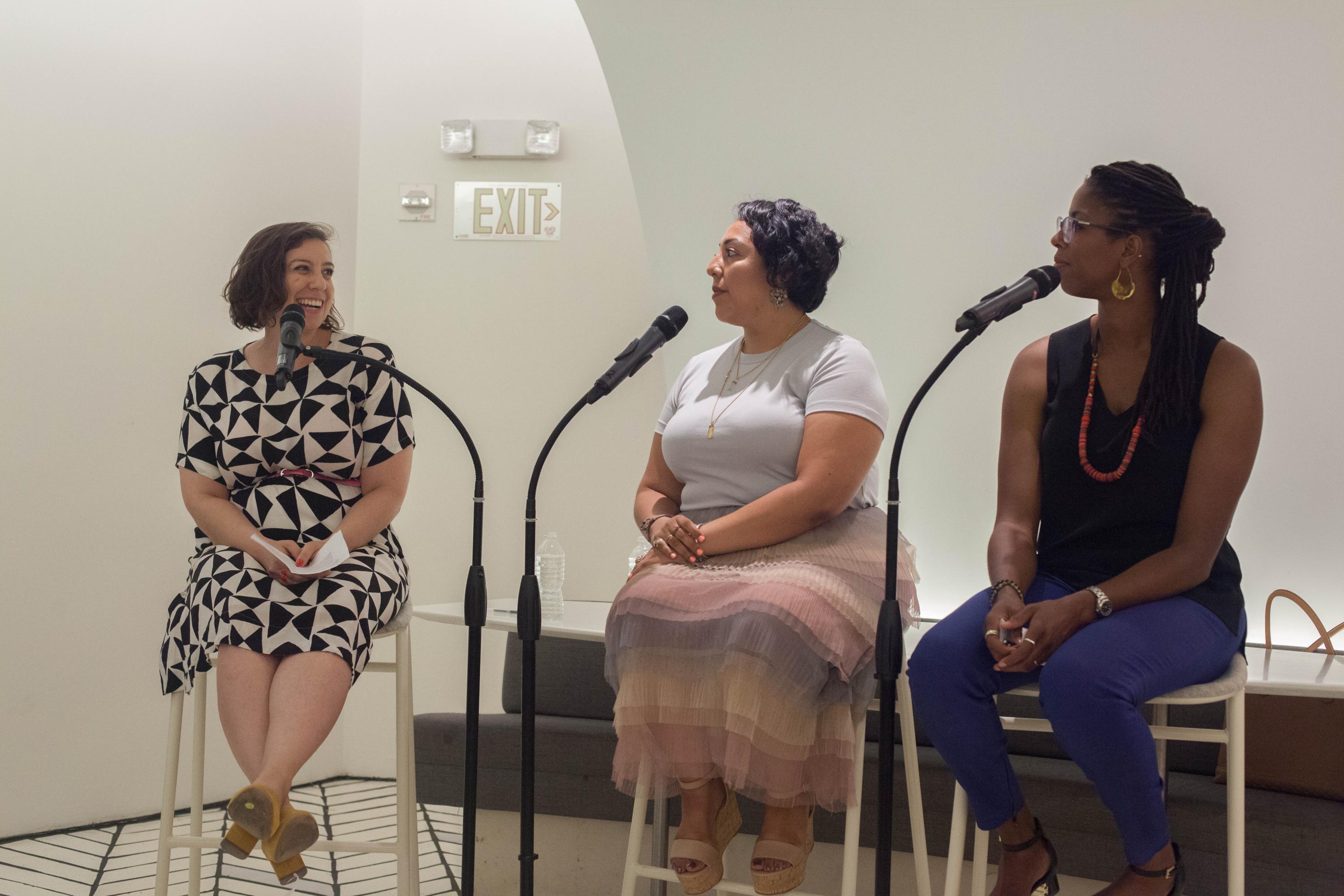 Mendelsohn (left) moderating a 2018 conversation about activating overlooked urban spaces with activist and community organizer Stephanie Alvarado and architect Jennifer Newsom, Principal, Dream the Combine. Photo: Ed Marshall © Solomon R. Guggenheim Foundation, New York.