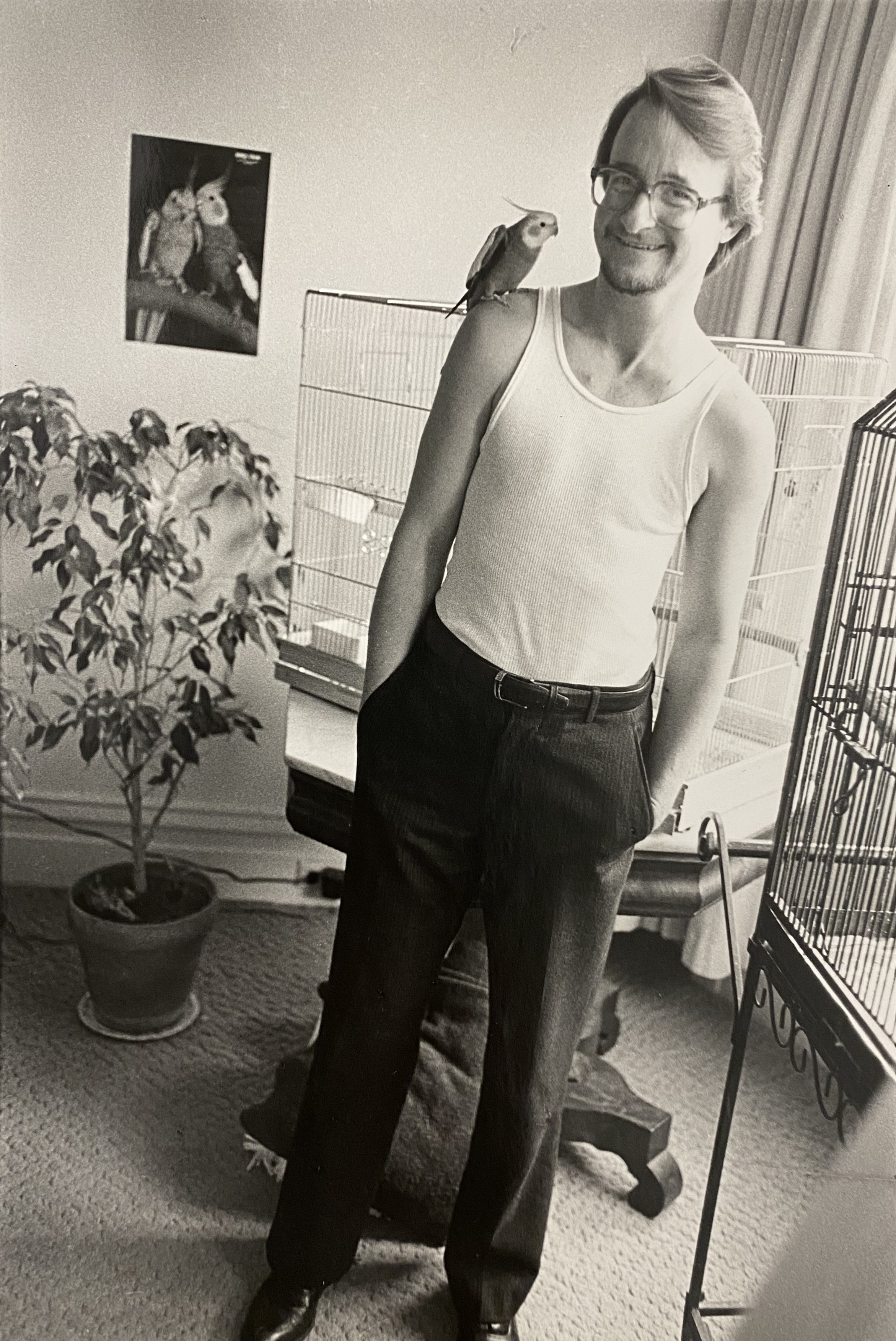 Lou with his pet, Mr. Bird; photograph used with permission from © Mariette Pathy Allen, [Lou Graydon Sullivan papers (1991-07)], Courtesy of Gay, Lesbian, Bisexual Transgender Historical Society.