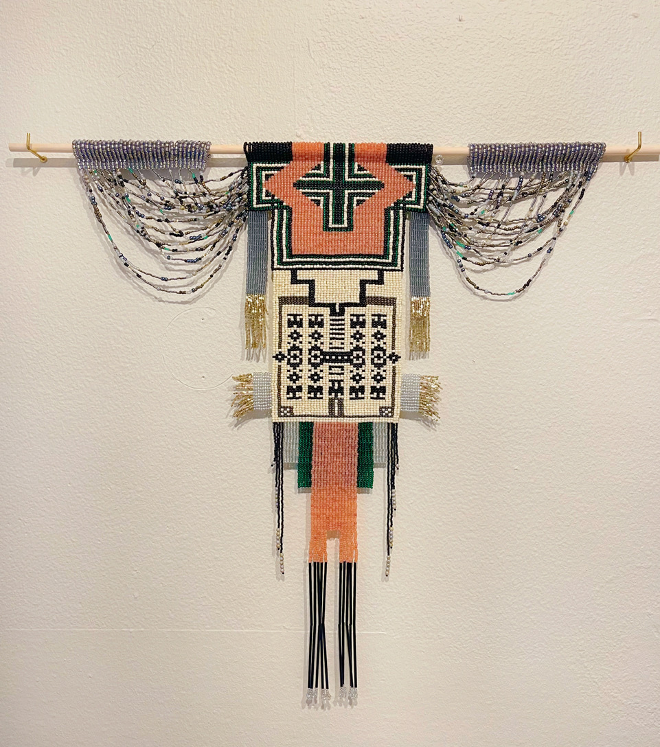 Jessica Flores, Grey Matter, 2022, Glass seed beads and nylon thread, 24 x 21 in. (sold)