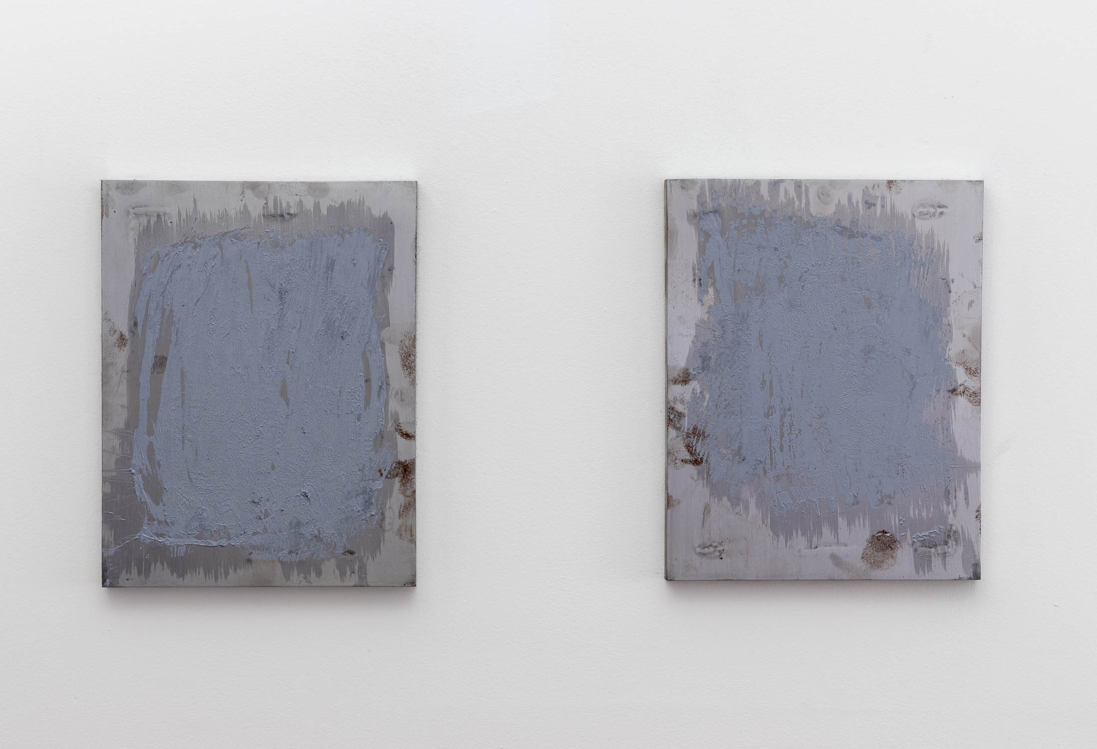 Study for disassemblage 2-1, 2019, thermal grease monoprint on steel, each 11 x 9 (28 x 23 cm)