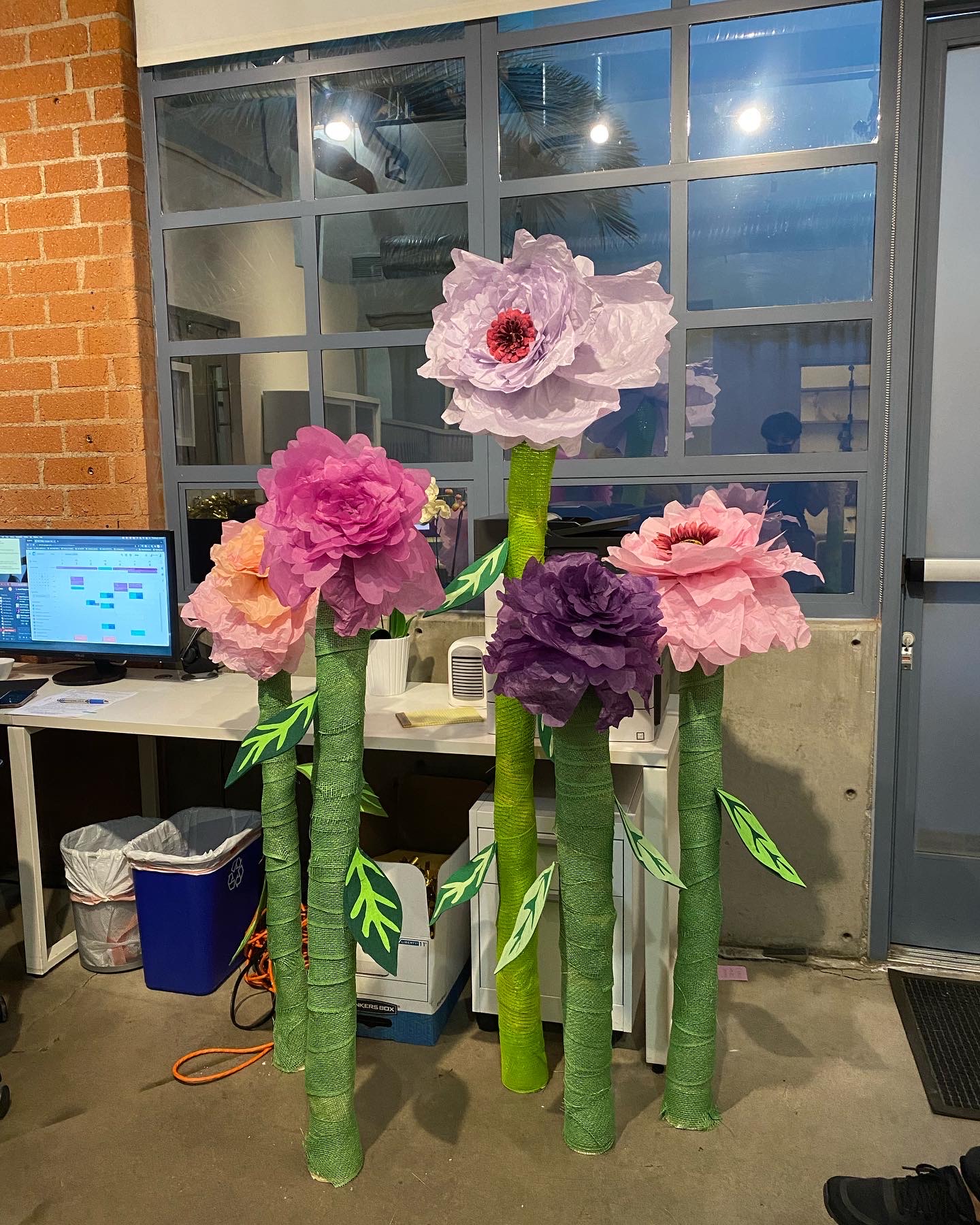 Giant Flowers (Chicken Wire, Felt, Tissue Paper, Hot Glue, Canvas)