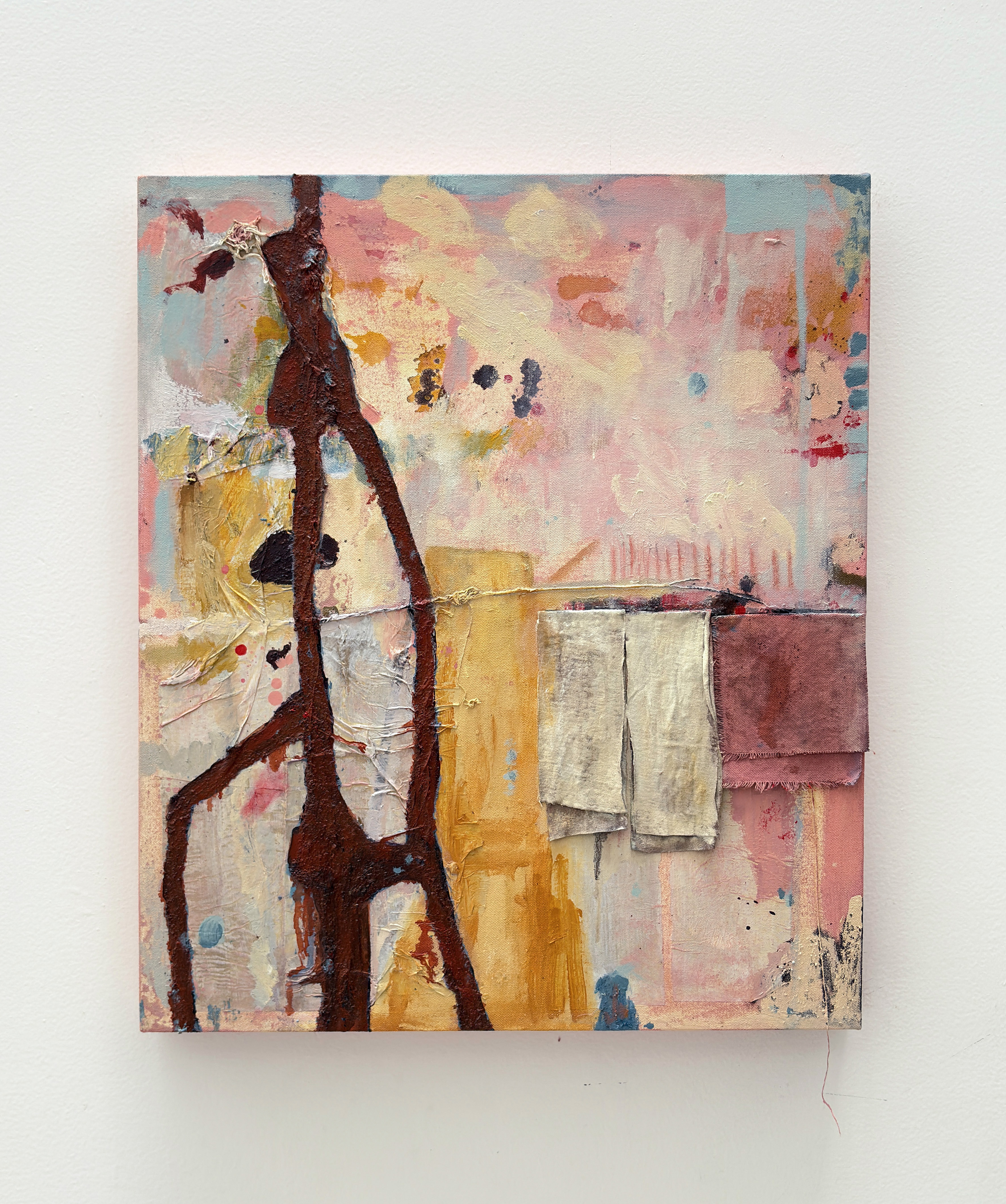 Clothing Line, 2025 Oil and acryilc paint, marble dust, found object and paper on canvas 25 5/8 x 21 5/8 in 65 x 55 cm
