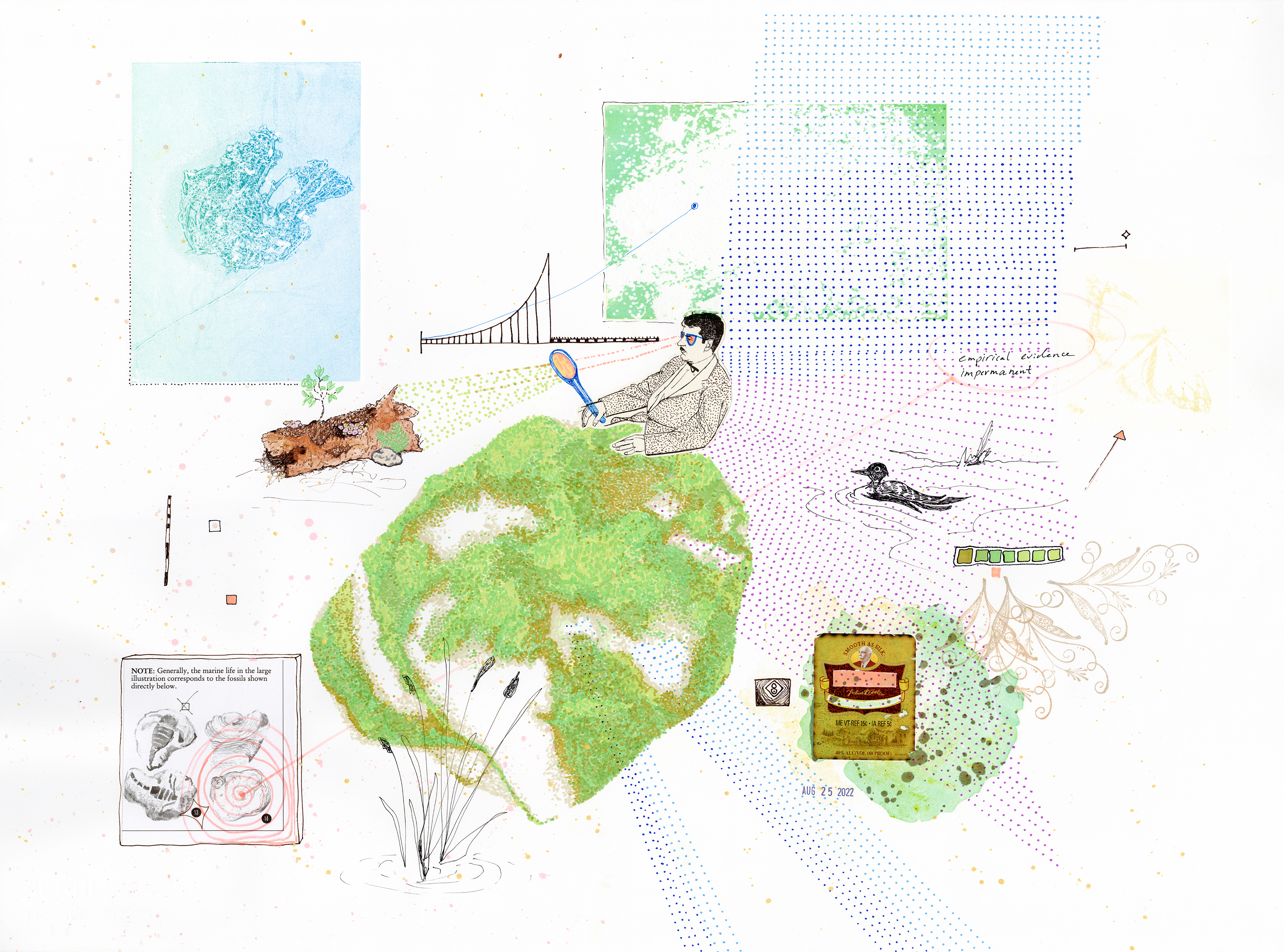 Drawing 12/56 from 56 days at the Dome House 22.5 x 30 inches, ink, Chine-collé, etching and stamps on Arches 88 paper- SOLD