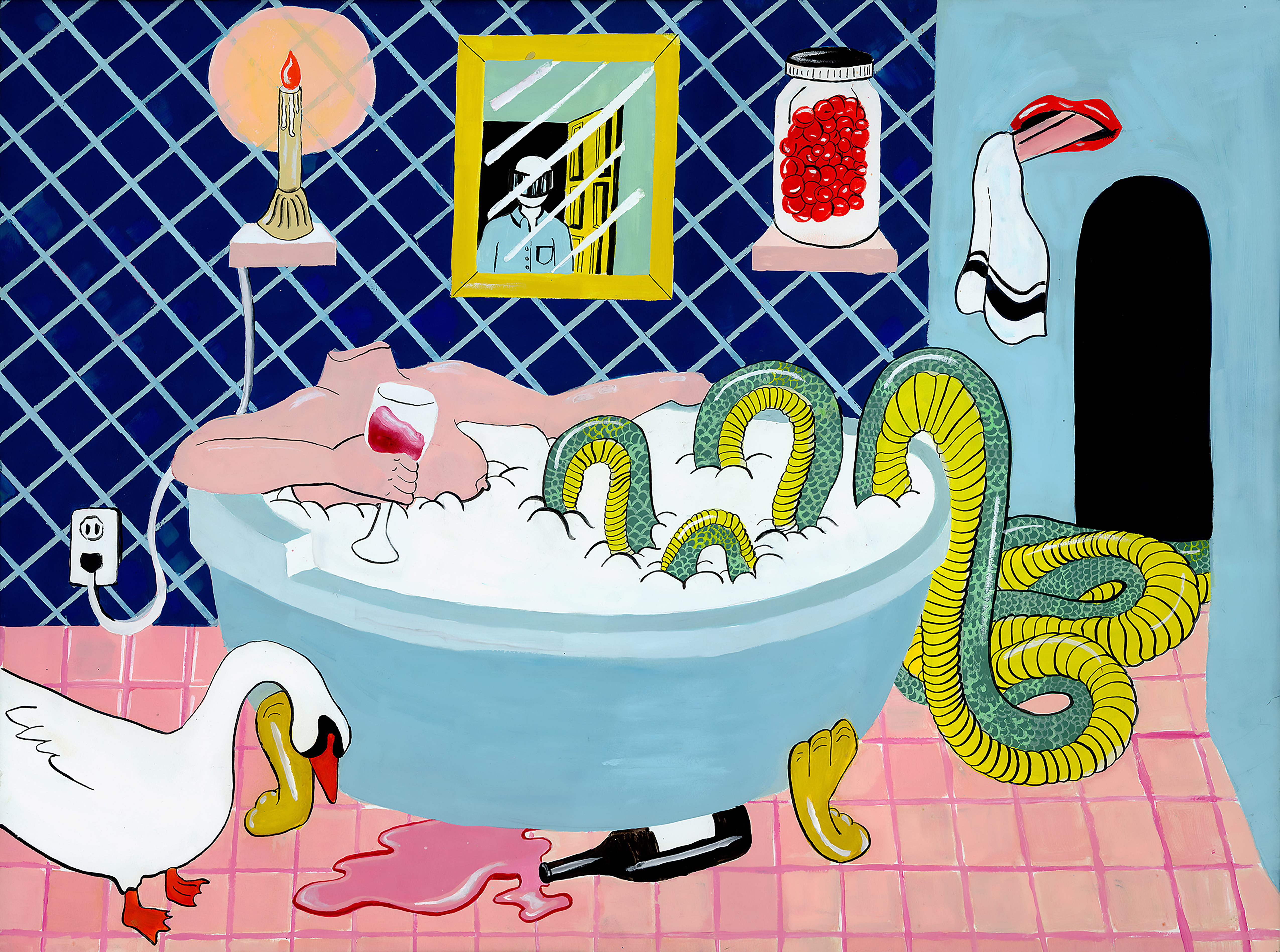 The Bathtub, acrylic, gouache on wood panel, 20” x 24”, 2017