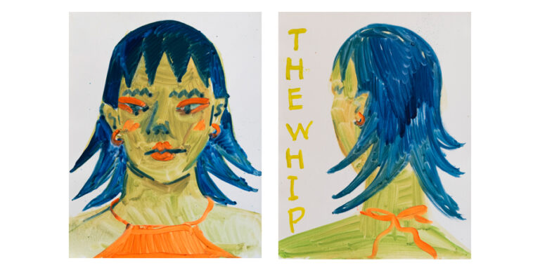 A painting of a portrait of the front and back of a womans head. She has short blue spiky hair and her bangs are also spiked downwards. The text reads: "The whip".