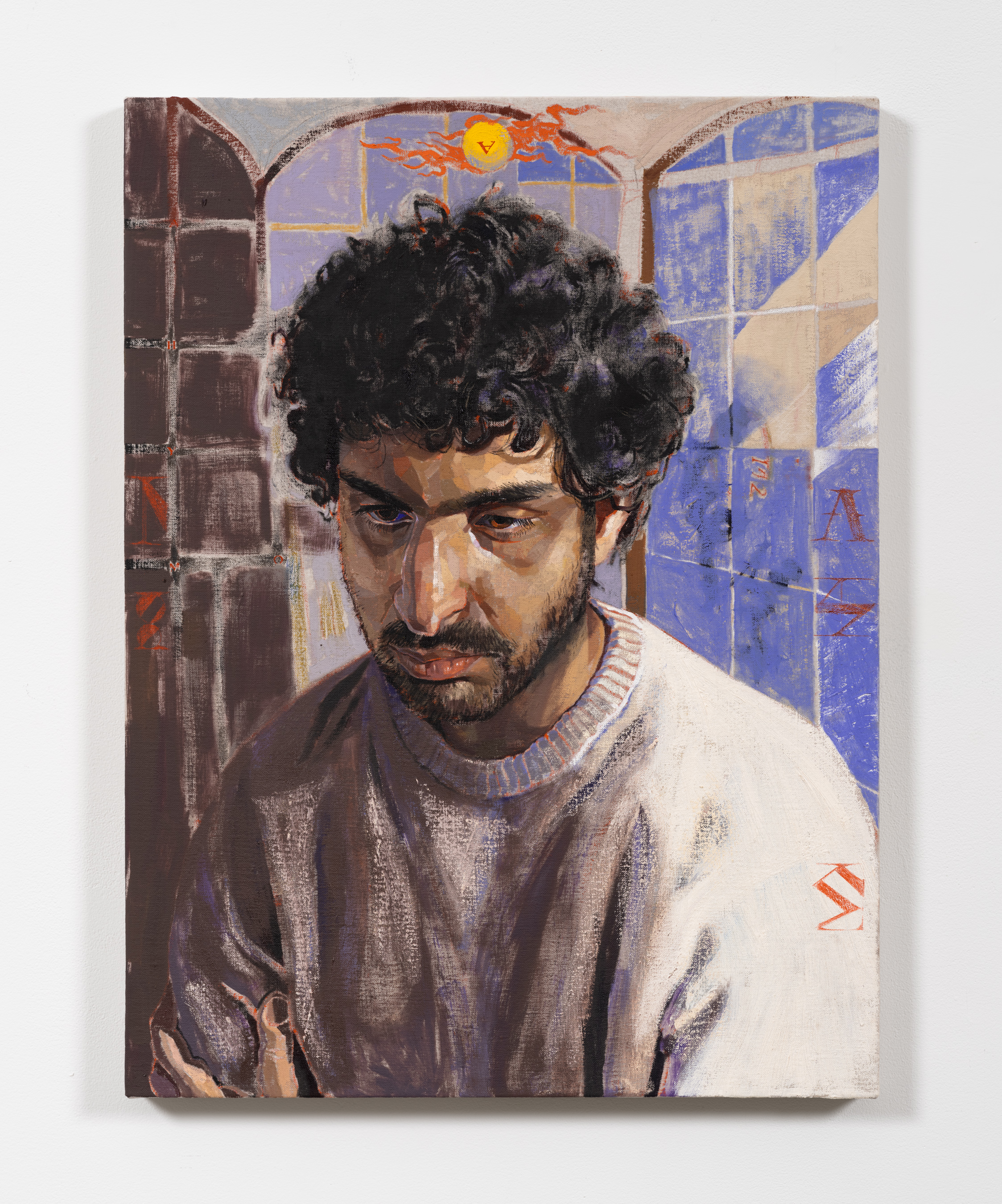 Portrait of Ali, aka: the Scholar 2023 Oils, gouache, coloured pencil, oil stick, dry transfer lettering  18x24”