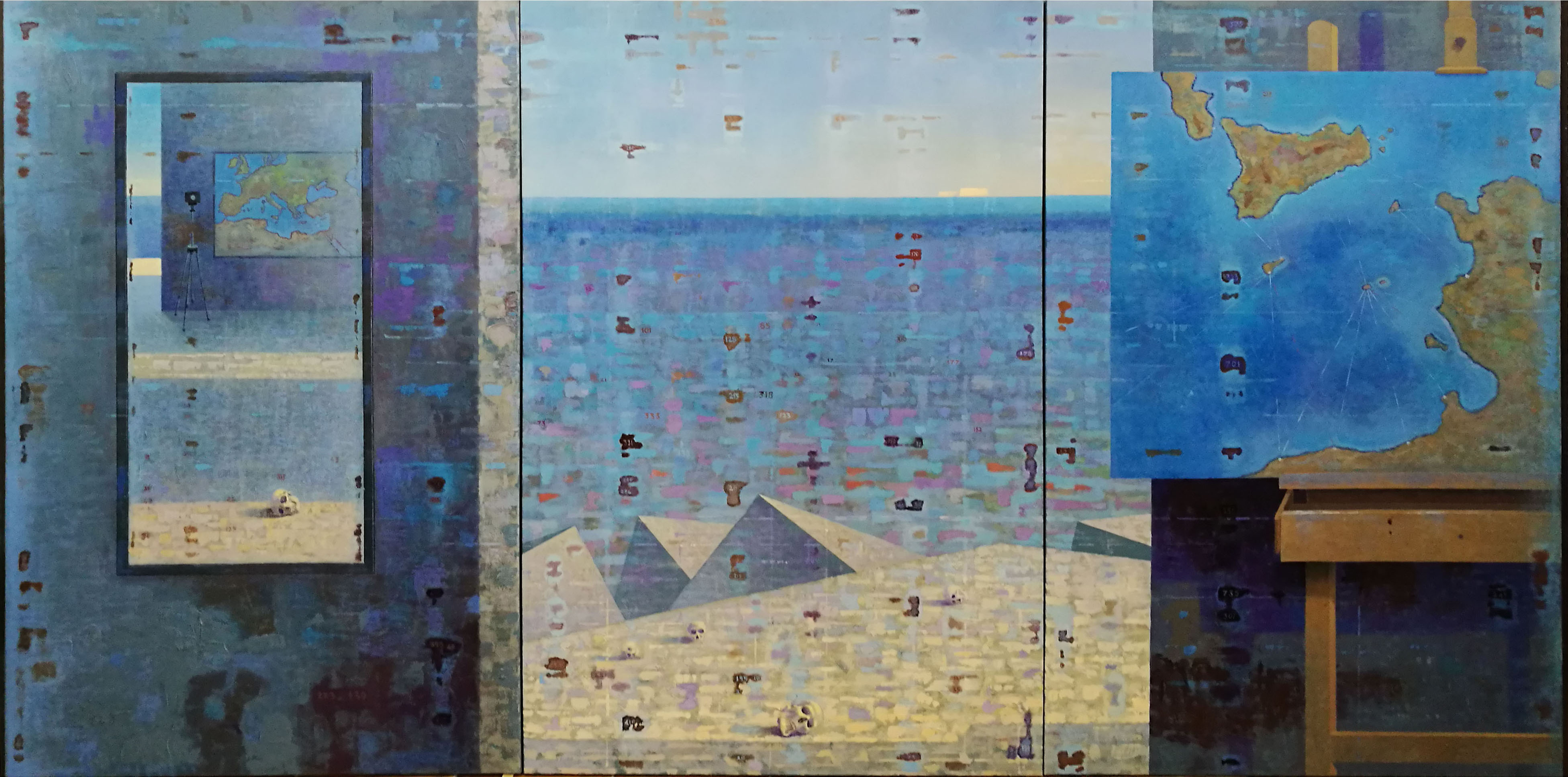 Le rotte della tragedia (un mare di morti), 2017, olio tela trittico, cm150x300