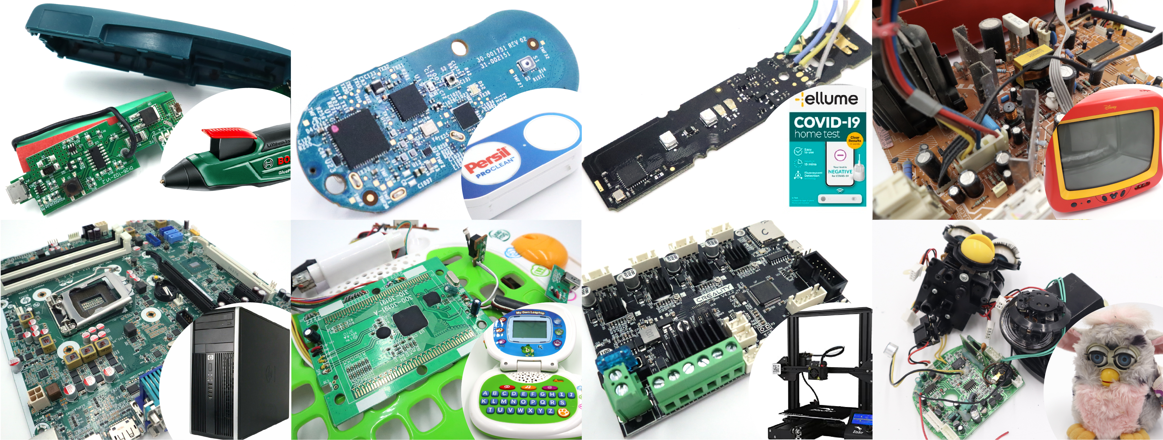 An array of different e-waste devices and the PCBs found inside them.