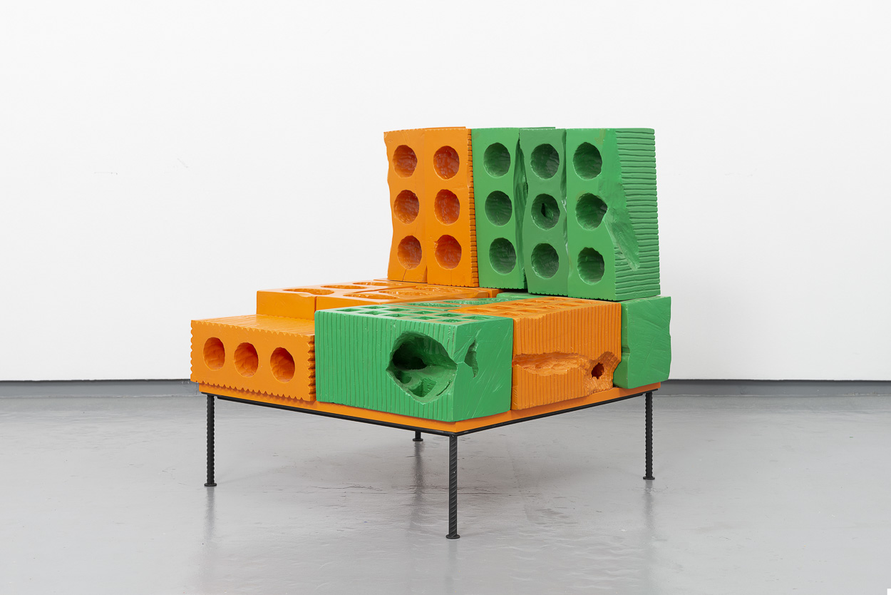 Solid Waste Khaos (Orange), 2020. carved wood, paint, rebar.  87 x 82 x 81 cm