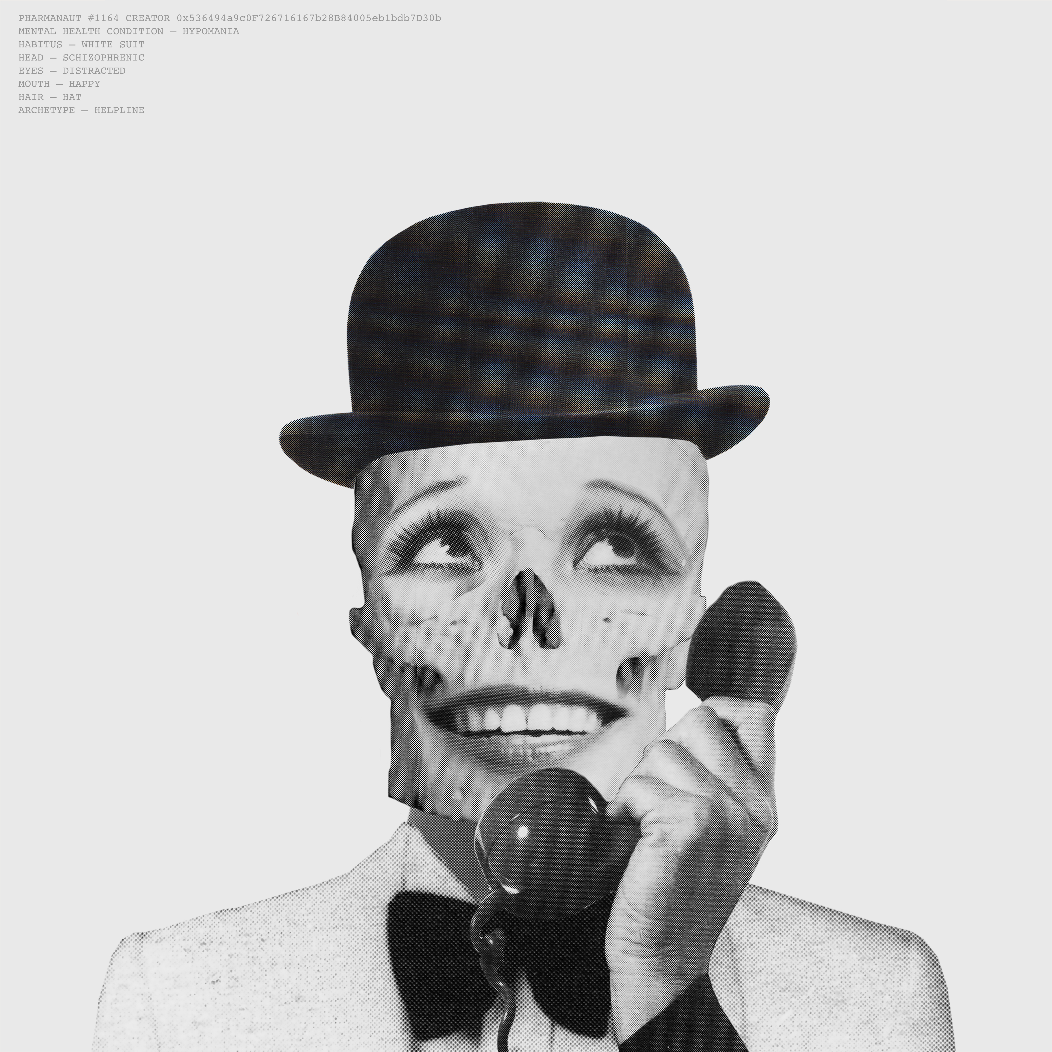 Pharmanaut #1164 | HABITUS - WHITE SUIT | HEAD - SCHIZOPHRENIC | EYES - DISTRACTED | MOUTH - HAPPY | HAIR - HAT | ARCHETYPE - HELPLINE