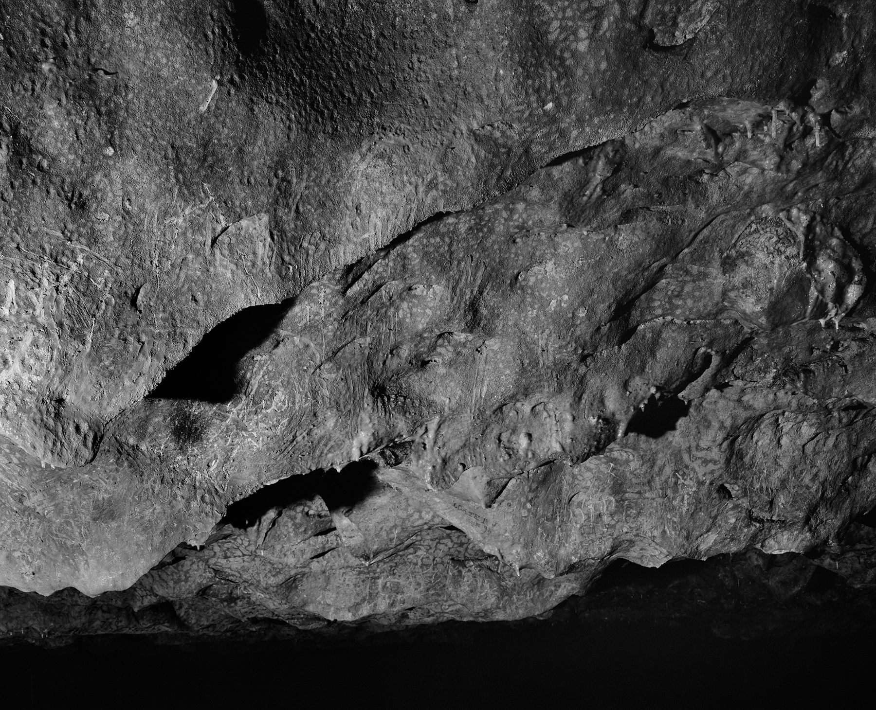 Grotte de Gargas, grotte inférieure, Aventignan, Hautes-Pyrénées. Voûte, tracés digitaux recouverts de calcite et inscriptions modernes. / Vault, calcite-covered digital tracings and modern inscriptions.
