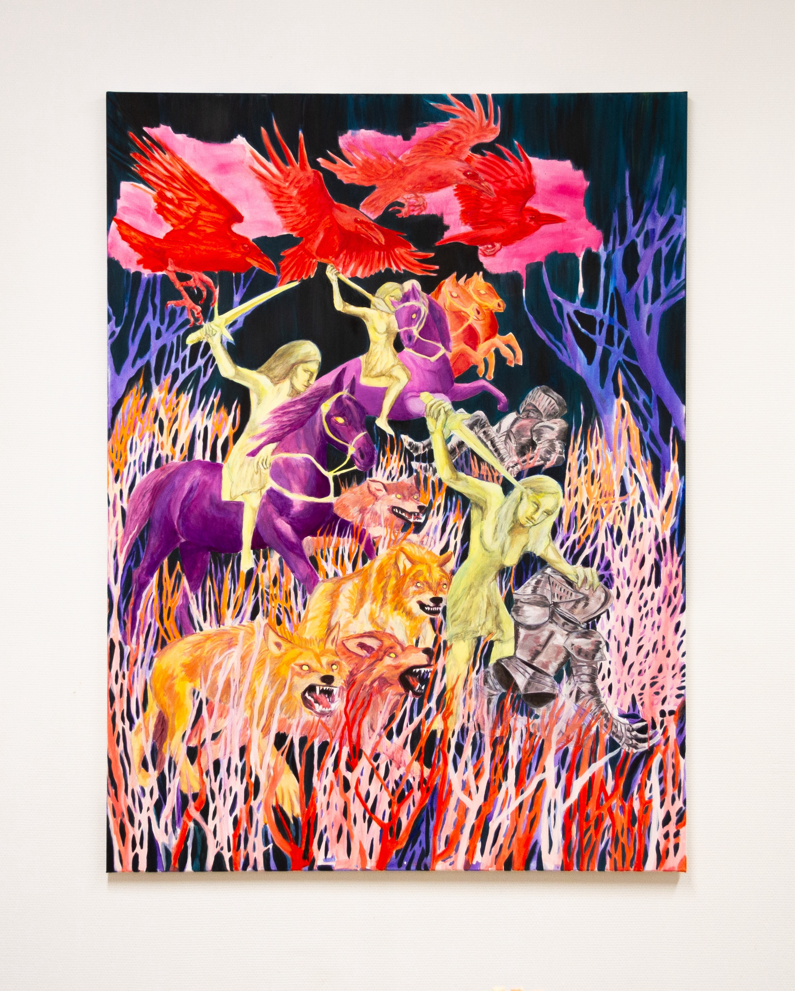 Hunting knights with wolves. 160 x 120 cm. Huile et acrylique sur toile. 2024
