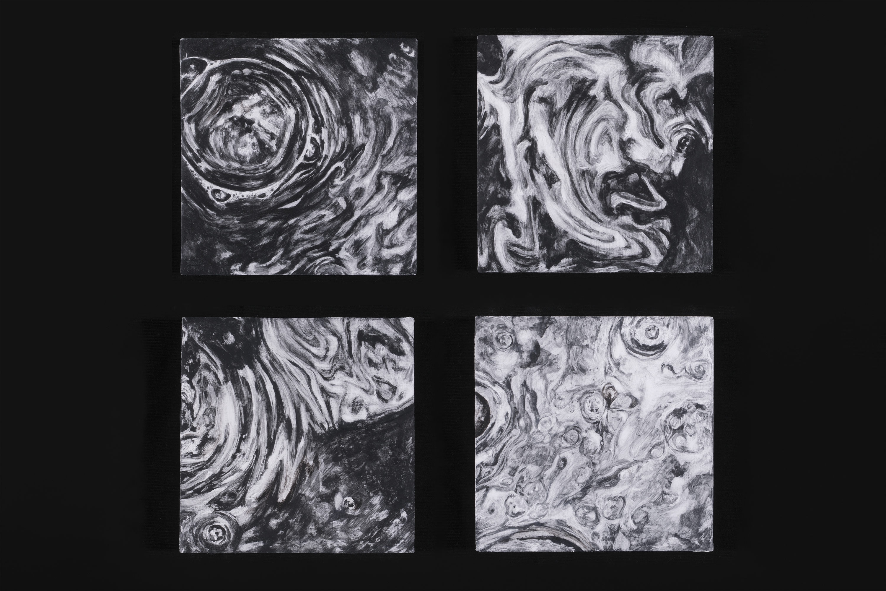 Water, charcoal egg tempera on panels, 5”x5” each, 2024, Photo Credit: TJ Santana