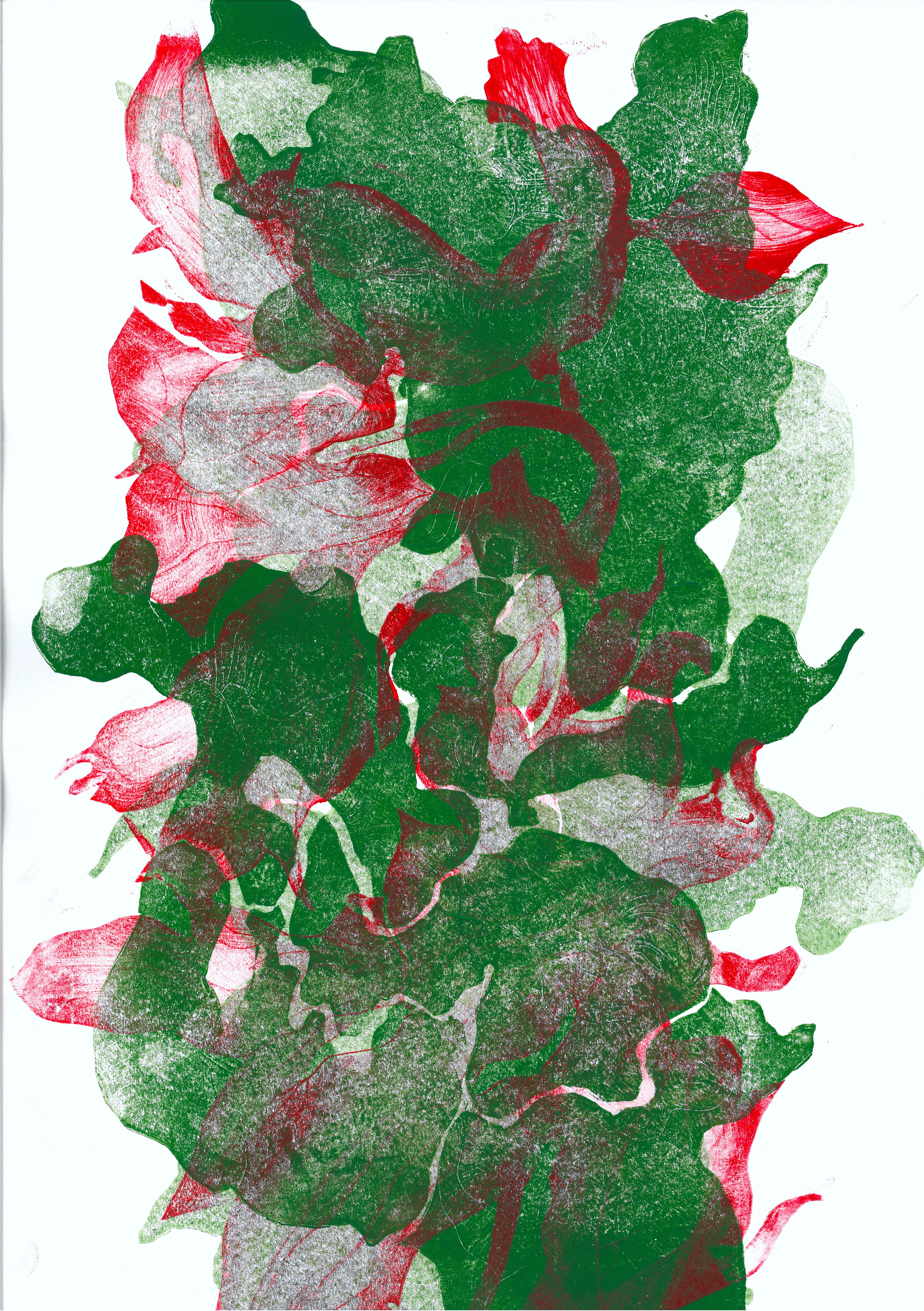 Abstract flowers #2Drypoint etching on polyester, cut out, printed over and inside each other, 34 x 50 cm cm