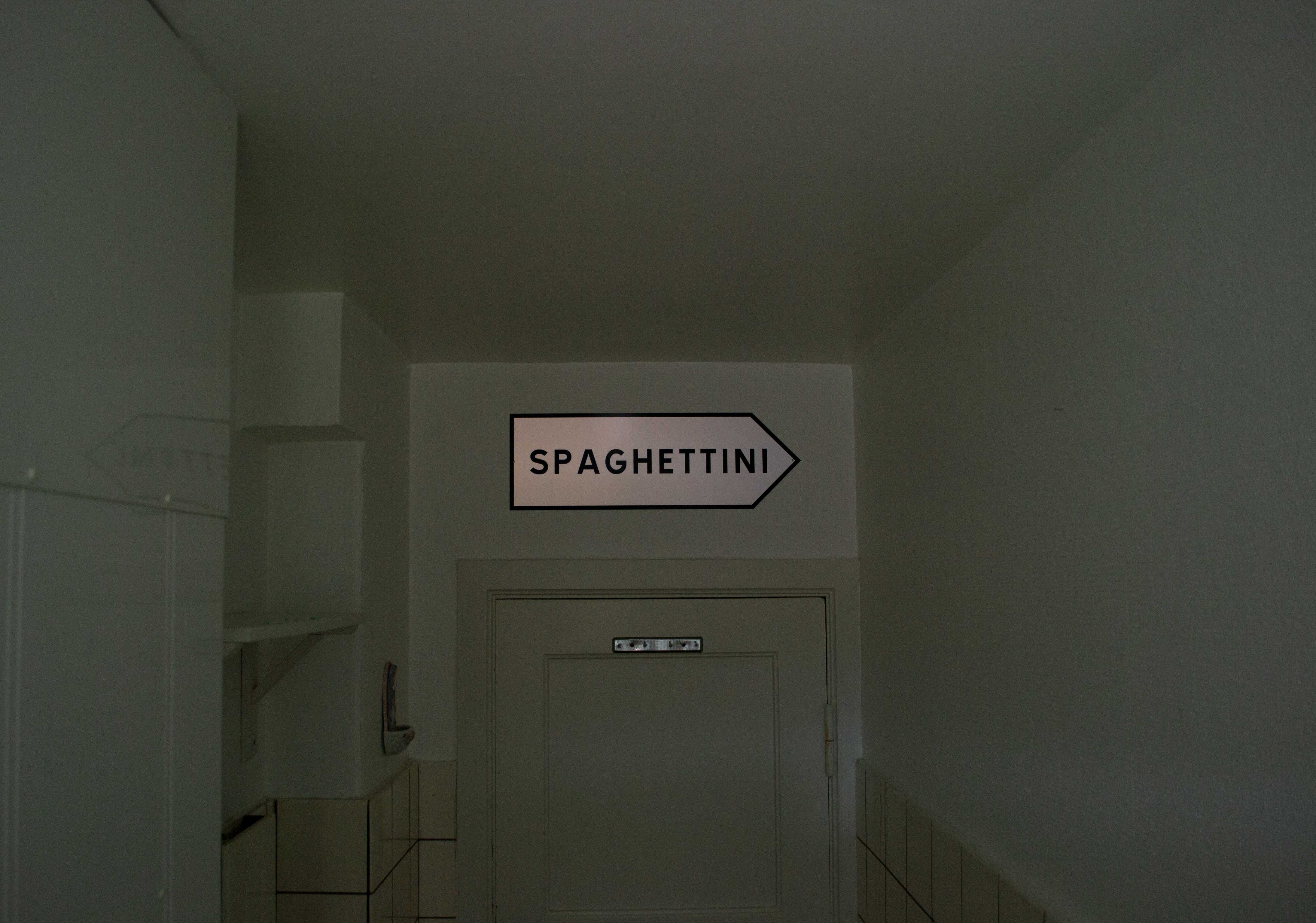 Even Spaghettini, 2025, Print on Aluminum, 70x20cm. "Simply to hang a painting on the wall and say that it's art is dreadful. The whole network is important! Even spaghettini..." - Martin Kippenberger 1990/91
