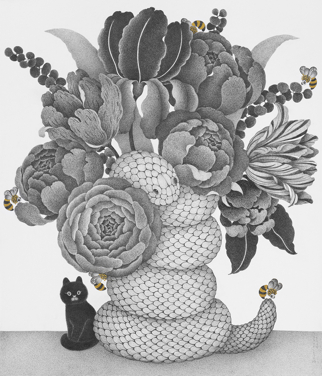 猫,巳,花 (2024), Pencil and gold powder, mounted on wooden panel, 53.0 x 45.5cm