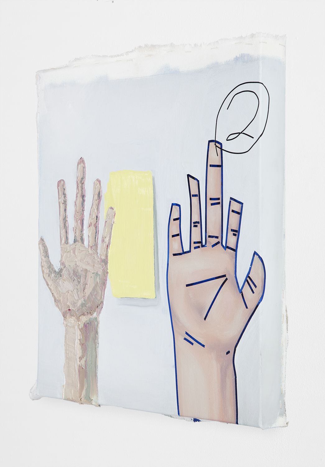 Hands; Acrylic and Oil paint on canvas, mounted on wooden panel; 21x21”, 2018