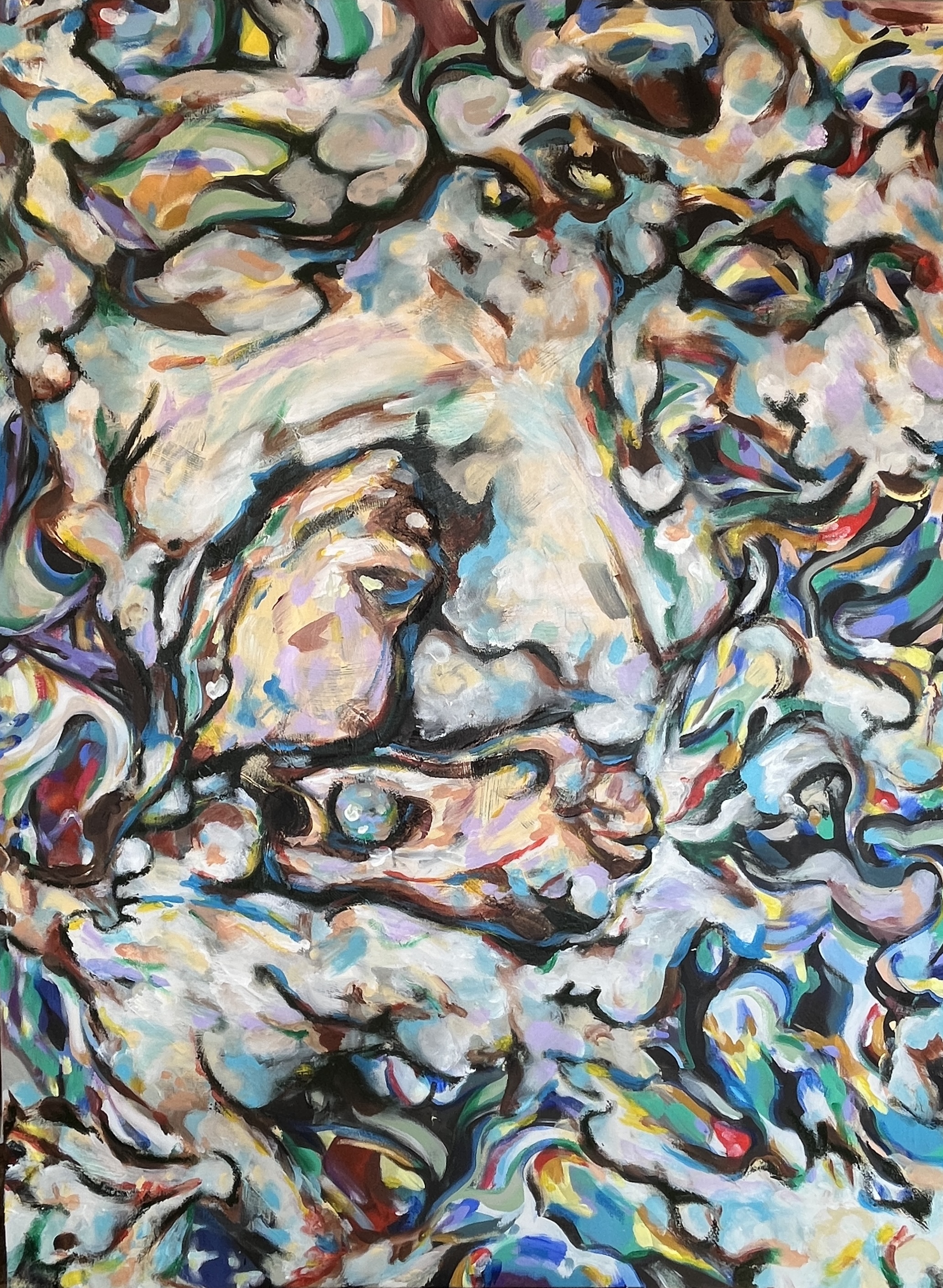 making a pearl, 30x40 acrylic flashe and oil stick on canvas.