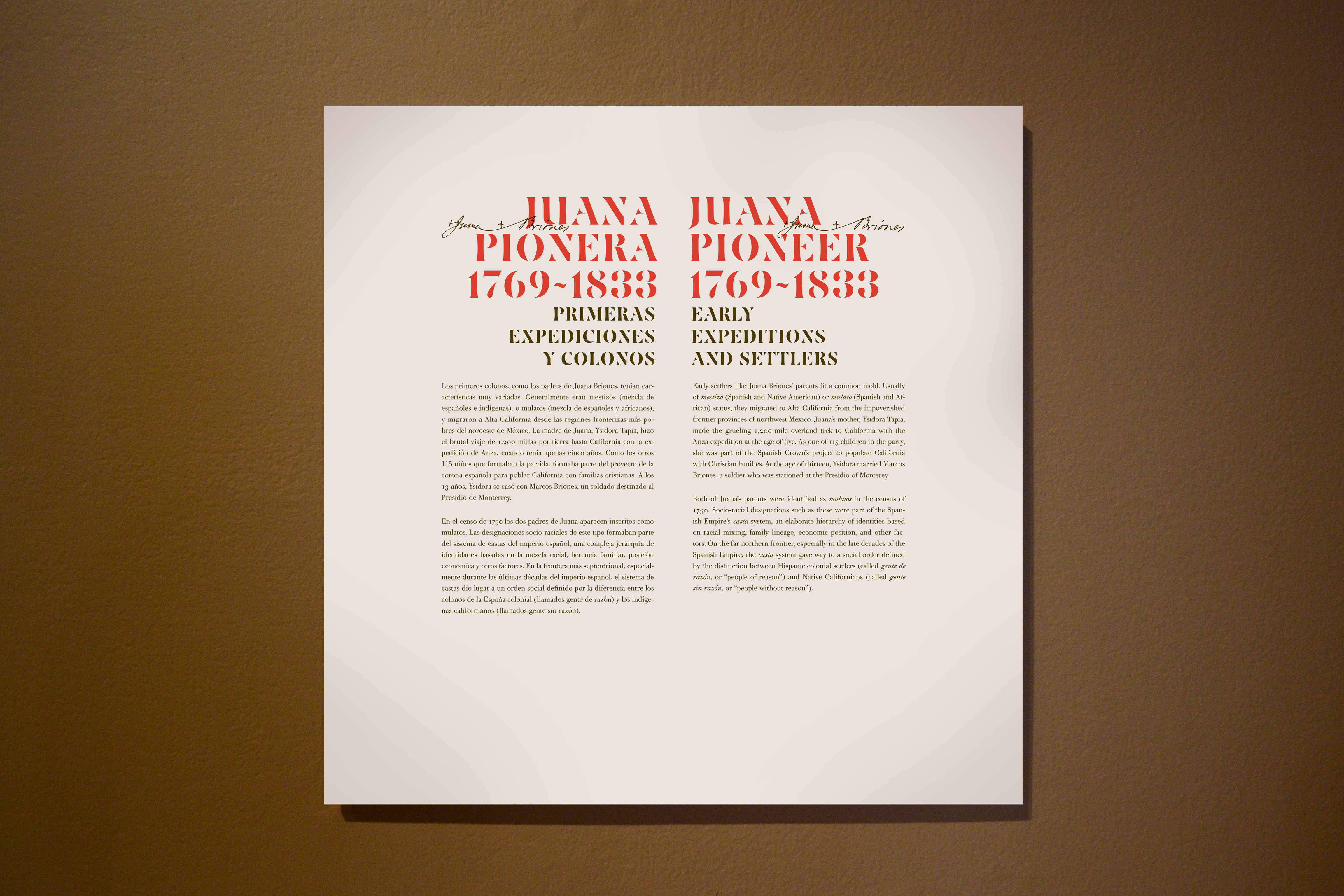 Section cluster text, ‘Juana, Pioneer’ installation view at the California Historical Society, San Francisco.
