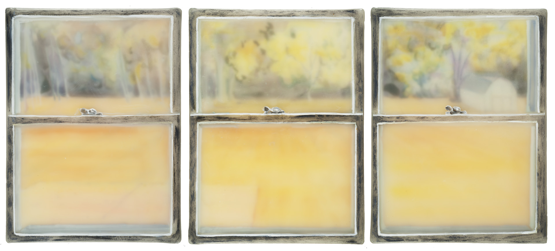 Inside Looking Out (Triptych), wax on board, 3 panels of 16 in x 12 in (total width is 38 inches,  if 1 inch in between)2022