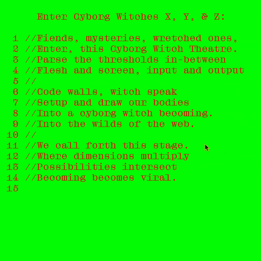 Script of narrating Cyborg Witches X, Y, Z entering the interaction and scene.