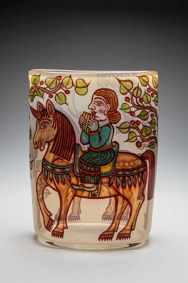 Unicorns and Riders, 2013, Vitreous enamels reverse-painted on blown glass, 16 x 11.5 x 5 in