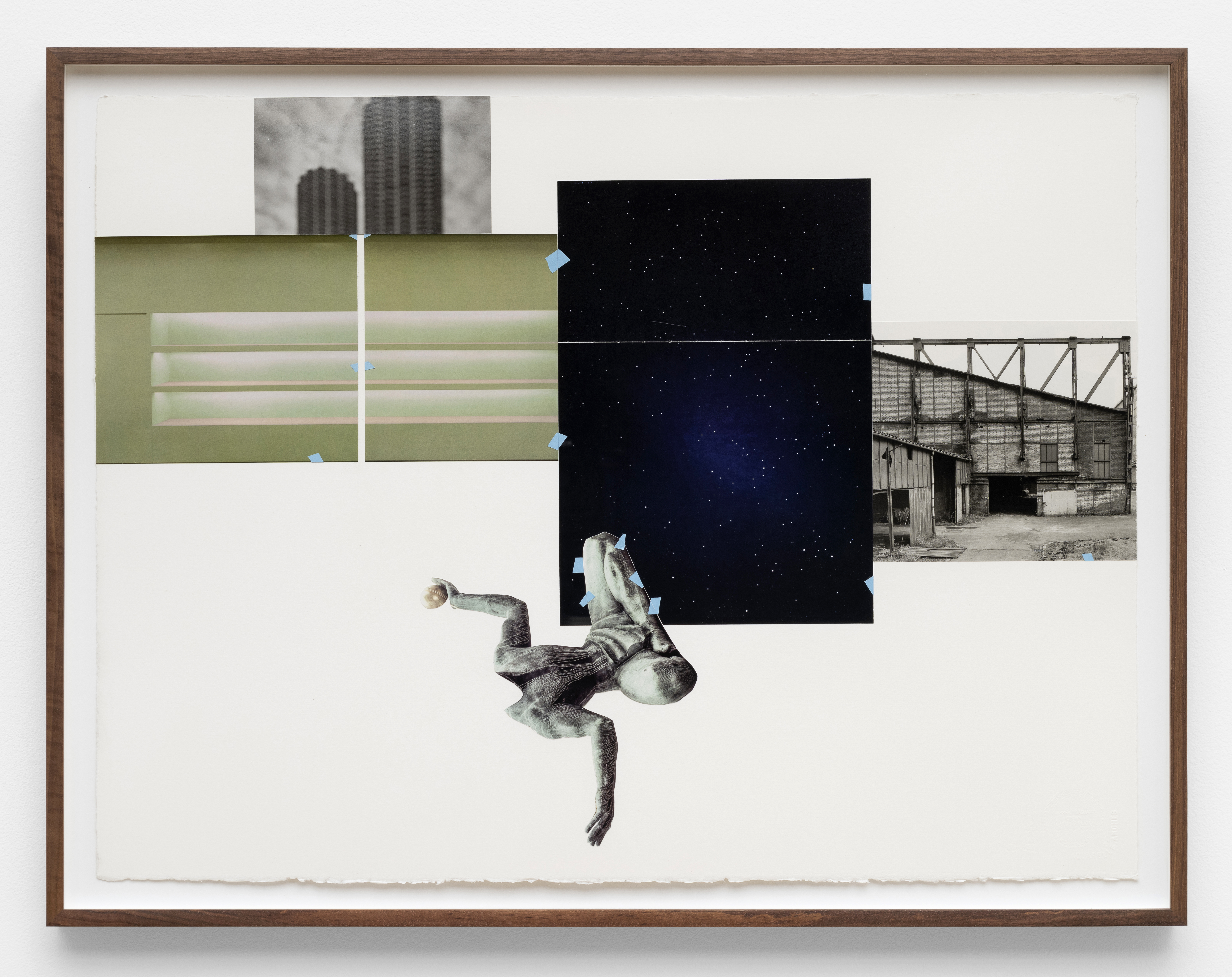 Factory , 2023. Collage on Arches watercolour paper, artist's tape. 22 1/2h x 30w in. Framed: 25 1/2h x 33w in.