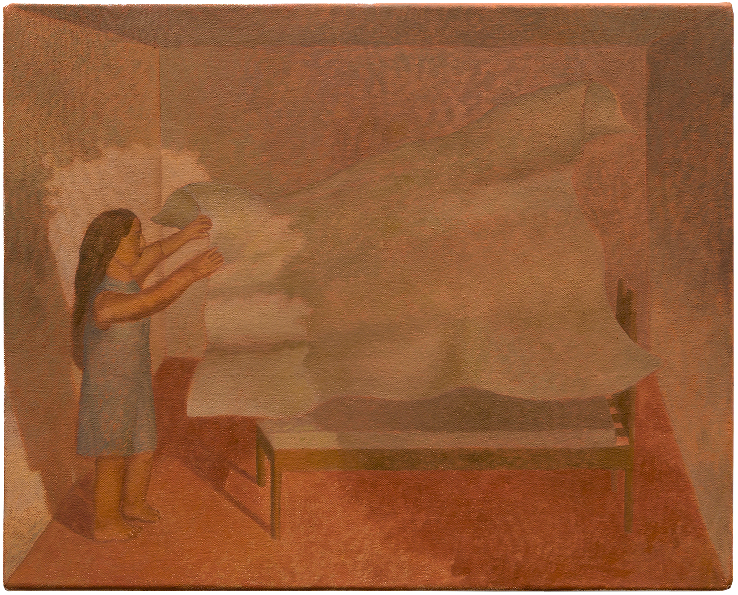 "Menina arrumando a cama", 2025, óleo sobre tela