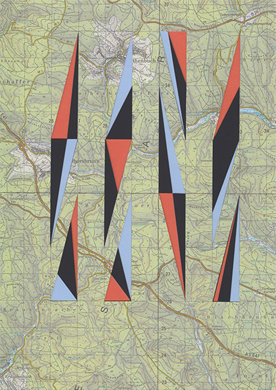 Rational Geography  Series, 2016. Paper collage on paper map, 11.70 x 16.50 inches 