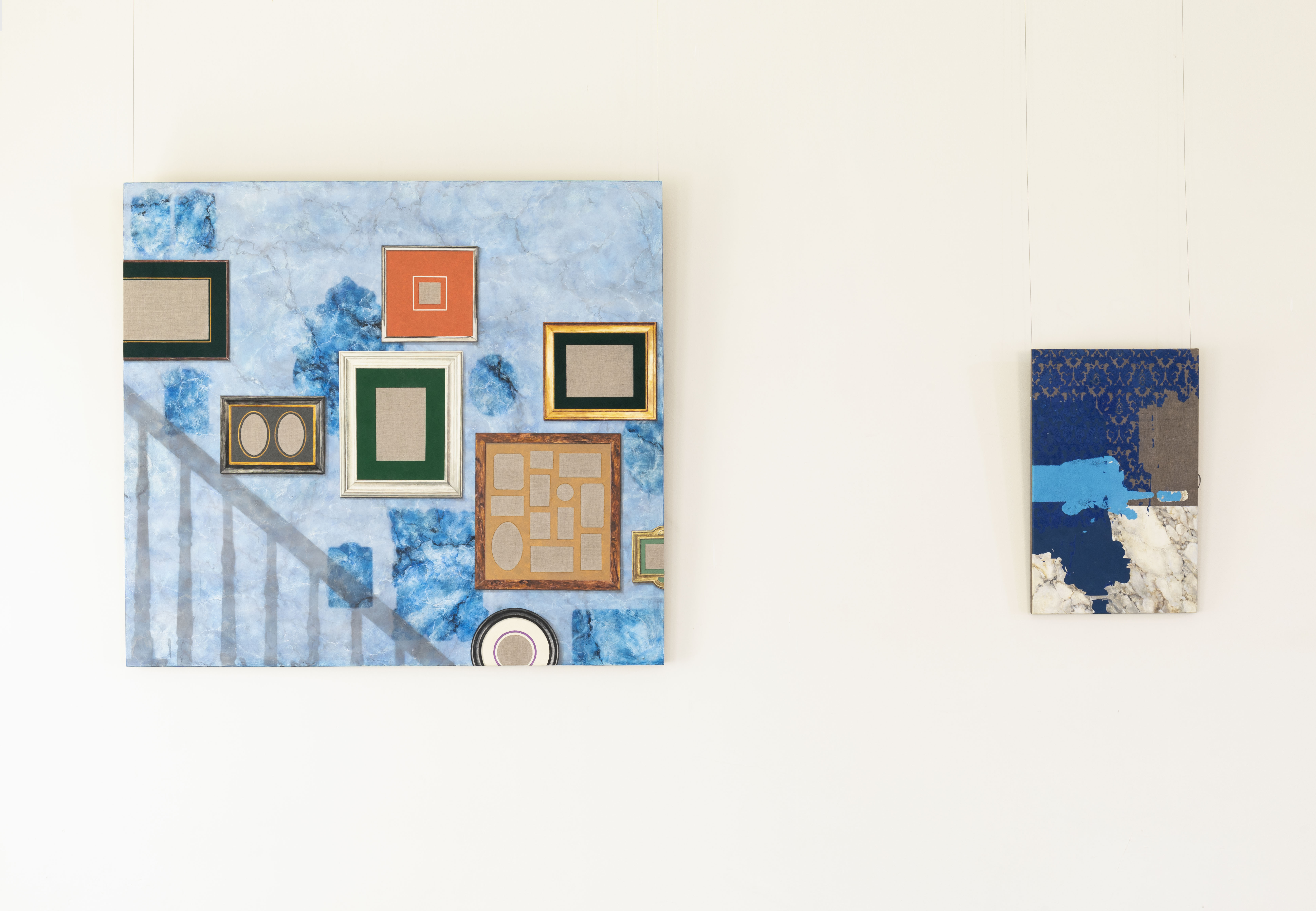 Descent, 2020, oil and flock on linen, 54 x 60 in and Sapphire, 2020, oil and flock on linen, 30 x 19 in