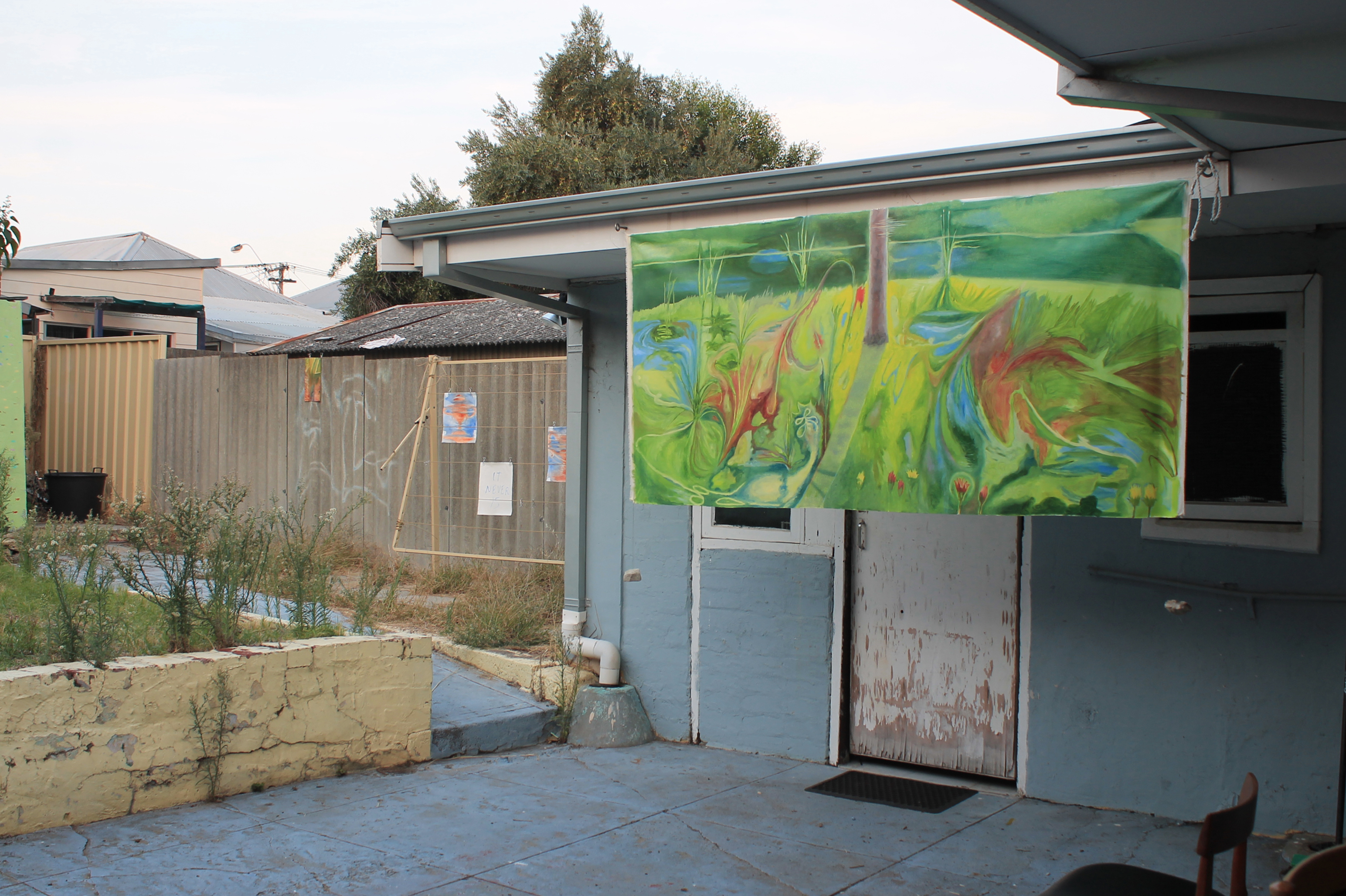 Installation view / Re-enter the Garden, oil on unstretched canvas, 100 x 210 cm, 2021