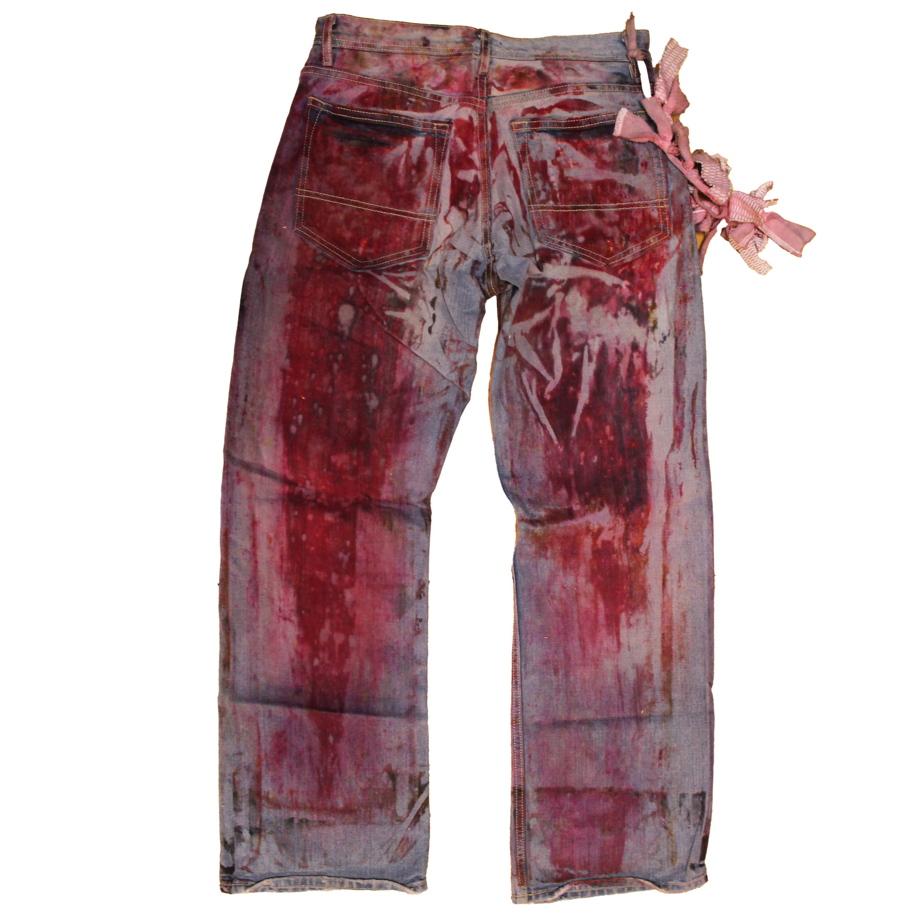 reclaimed vintage surplus denim screen printed with textile dye & various metals. tailored for straight/wide fit. fitted with custom keychain, scrap chain, and leather patches