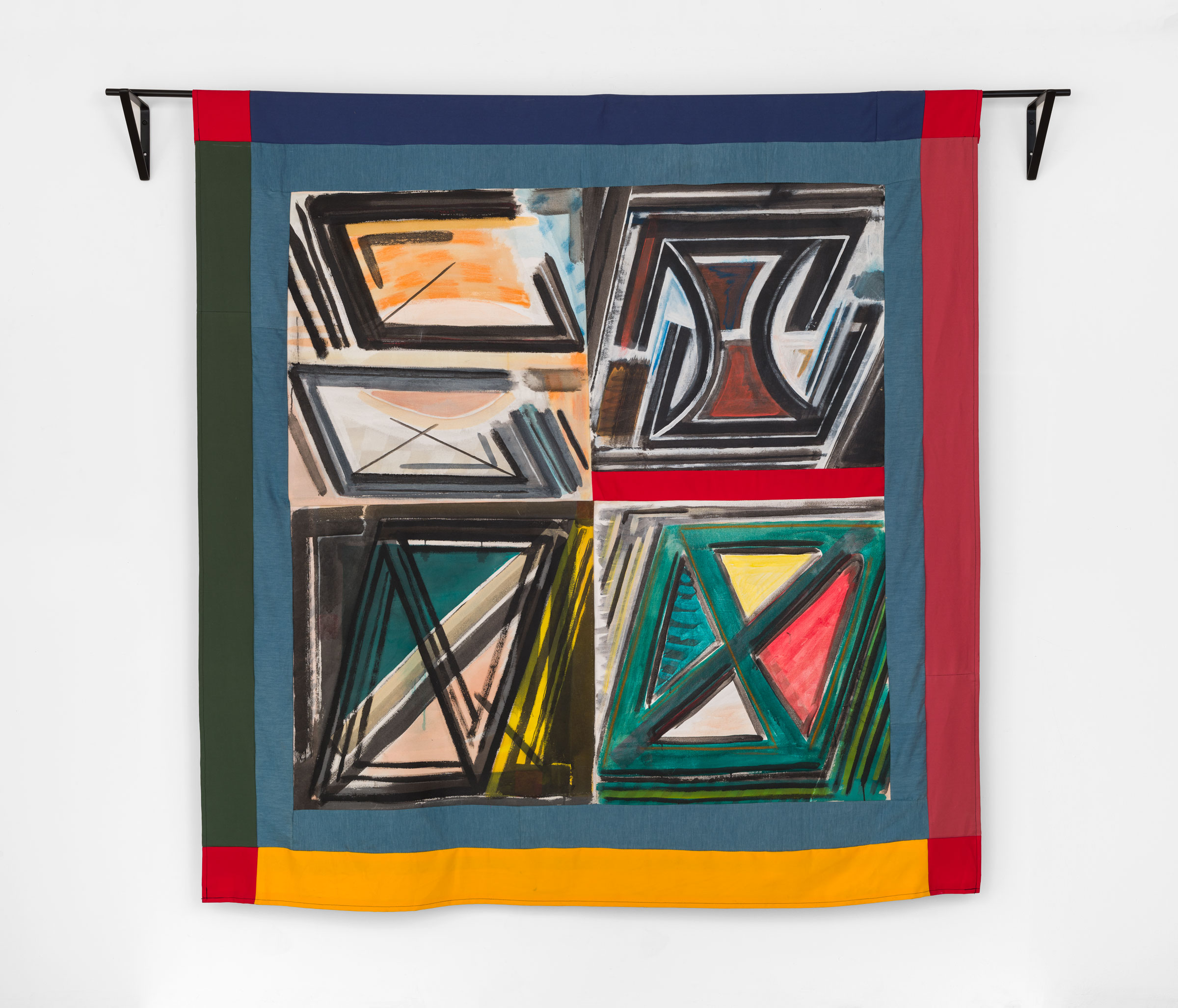 David Shull X-4X4, 2020 Acrylic and ink on canvas, denim, thread 86 x 83 In | 218.4 x 210.8 cm 86 x 95 x 8 In with hardware
