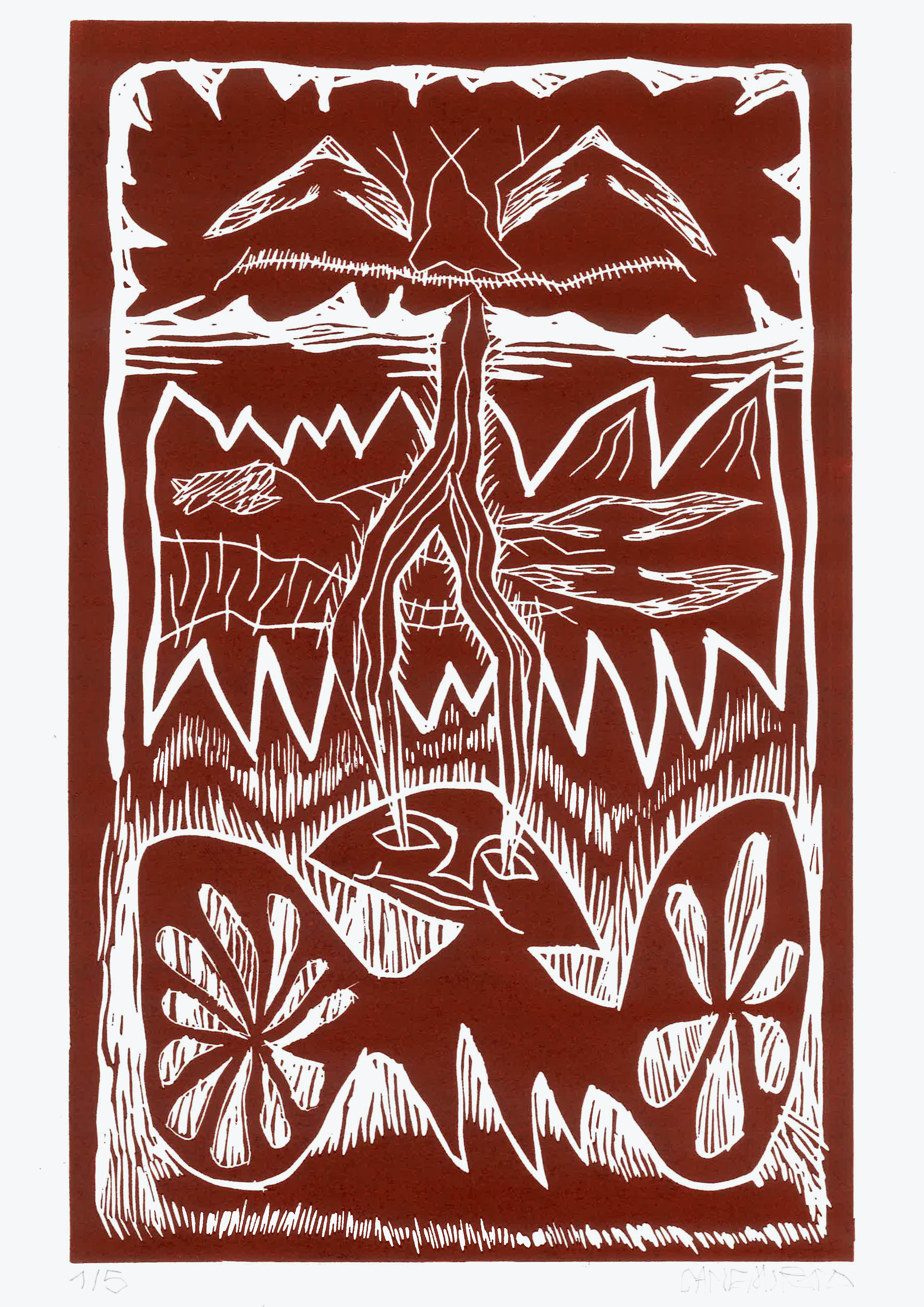 Untitledlinocut print on paper, printed by Litografia Bulla, edition of 5, 45x30cm, 2022 · info