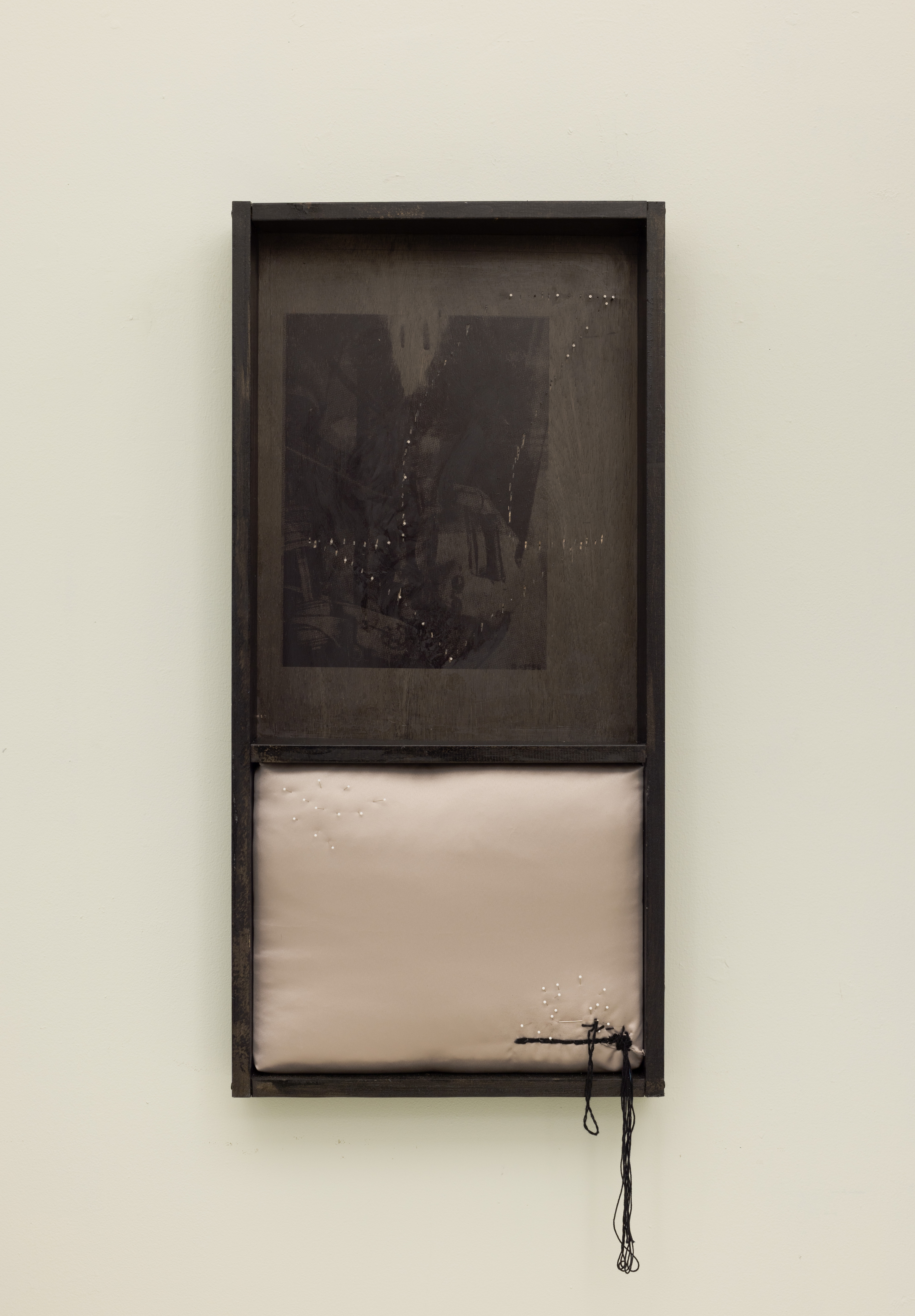 untitled (2024.) wood, screenprint on wood, satin, embroidery thread, pins, nails. 36.5&rdquo; x 17.5.&rdquo;