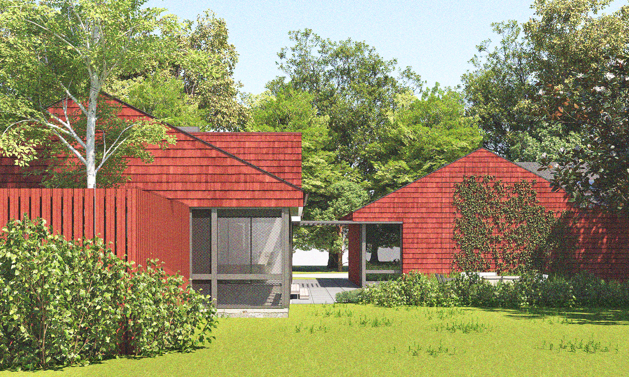 Exterior rendering of the Red House, showcasing the vibrant red horizontal cladding, integrated screened porch, and vertical slatted details within its densely wooded New Jersey farmland setting.