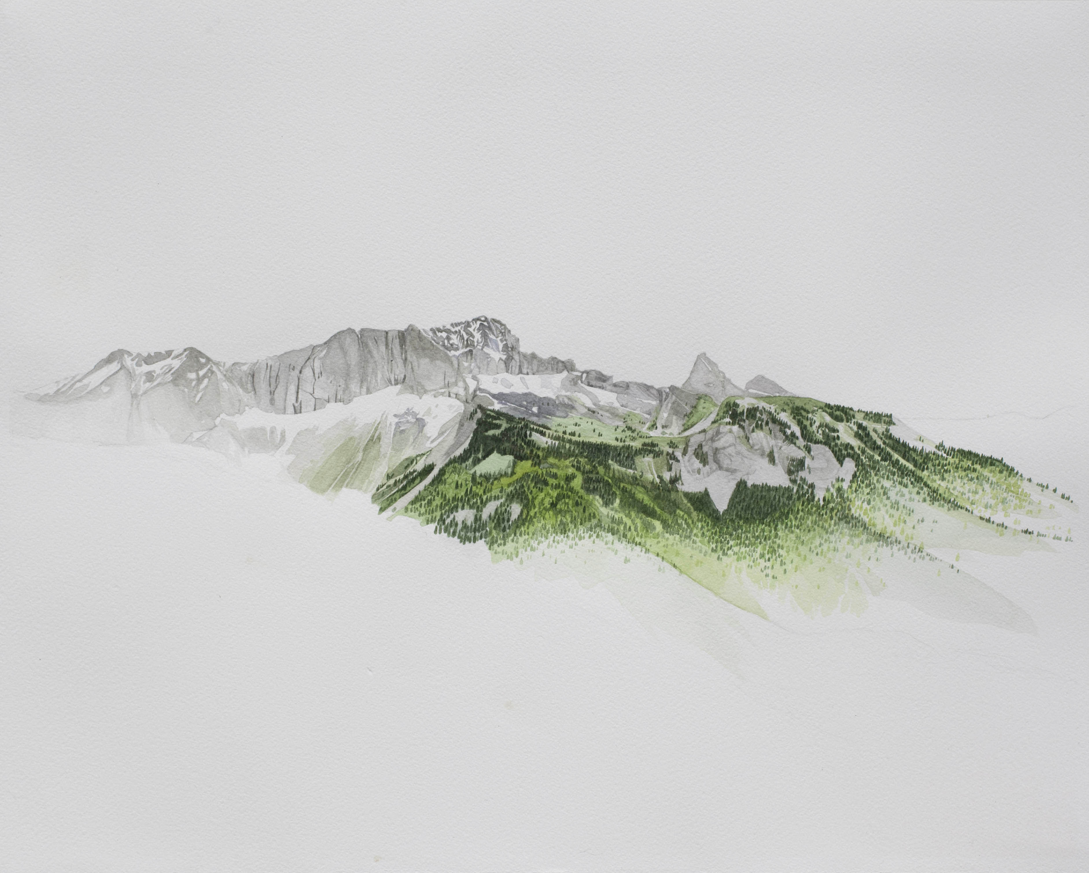D&eacute;voluy: t&ecirc;te du Fleyard, depuis les environs du col de la croix (graphite et aquarelle sur papier, 37,5x47,5cm, d&eacute;but juin 2024)
