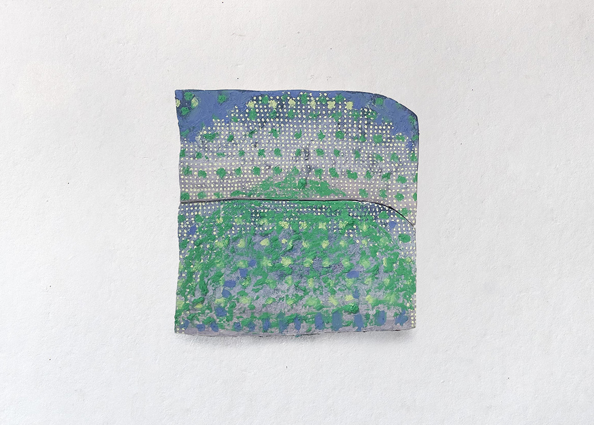 "Two Thoughts", 2024, Oil Stick, Oil, Fiber on Plywood 10.75” x 11”