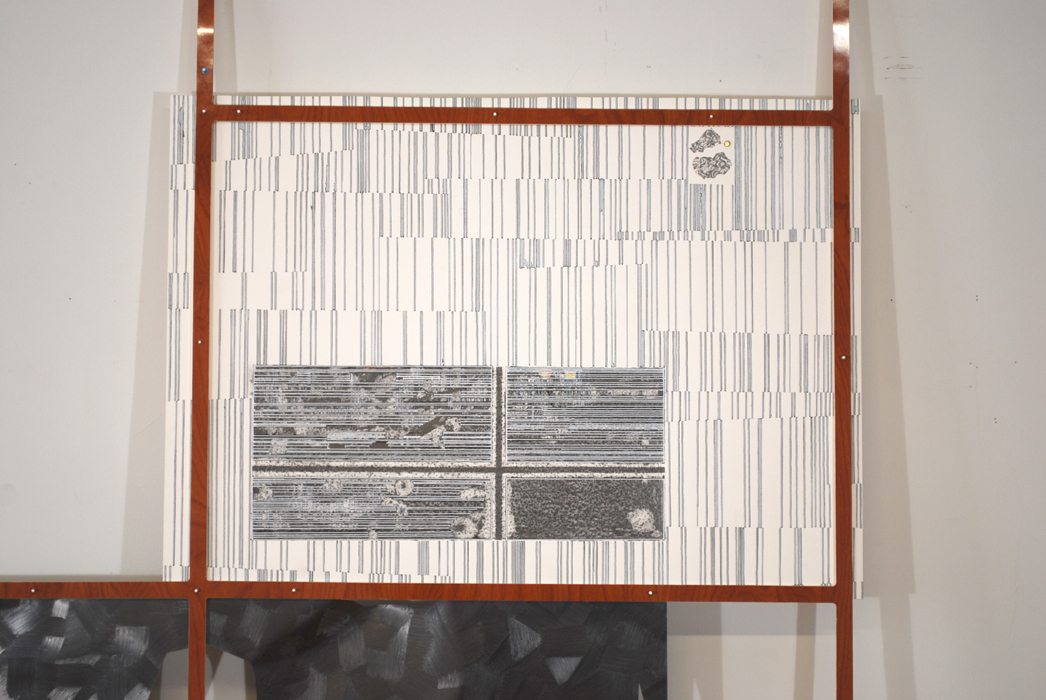 dm effect  Graphite, ink, oil marker, and gold leaf on paper and mylar. Formica and wood. 2011 - 91 x 44 x 2