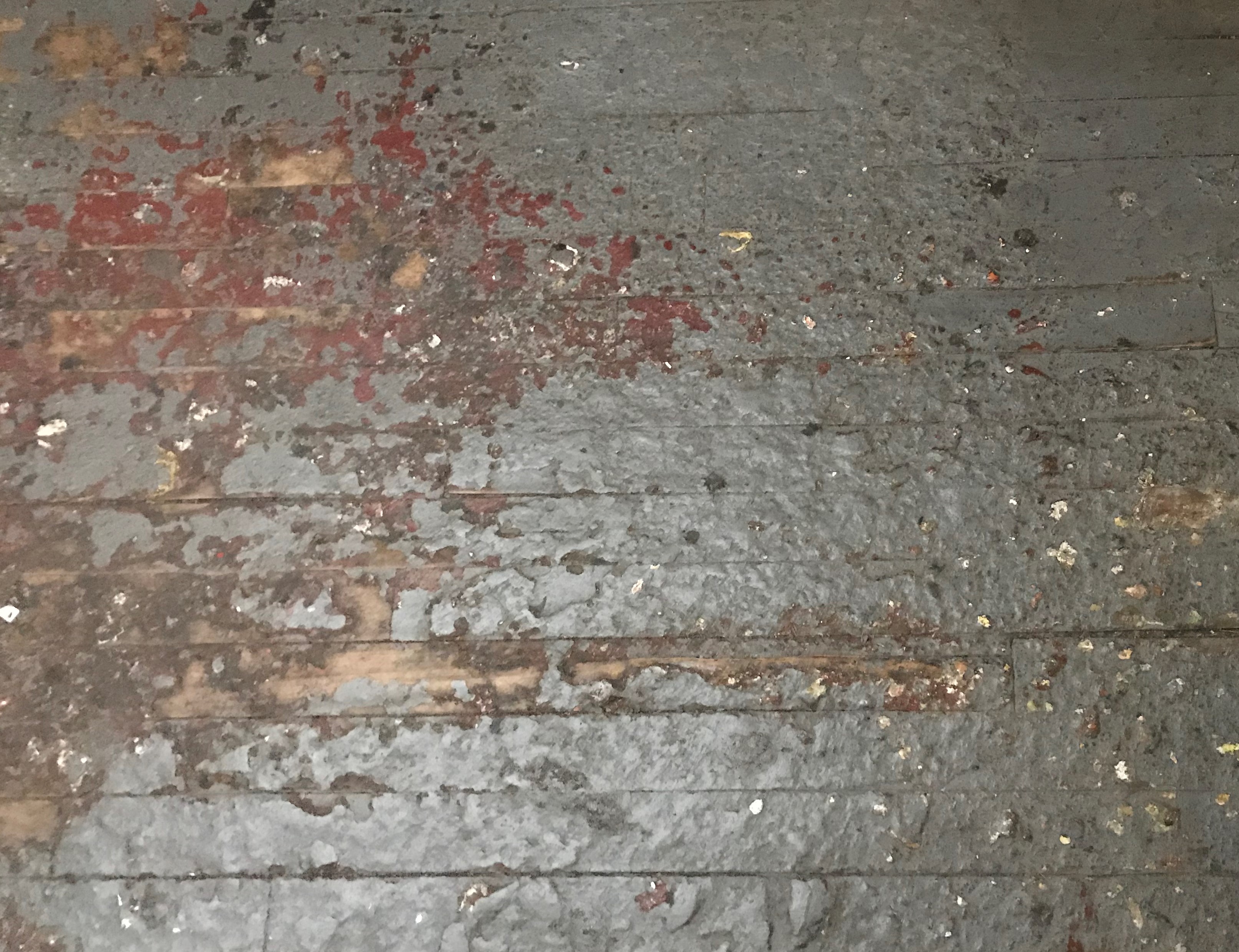 Paint-splatter buildup on the printmaking loft floor, dating from David Park’s use of this space as his studio from the 1940s through 1952.