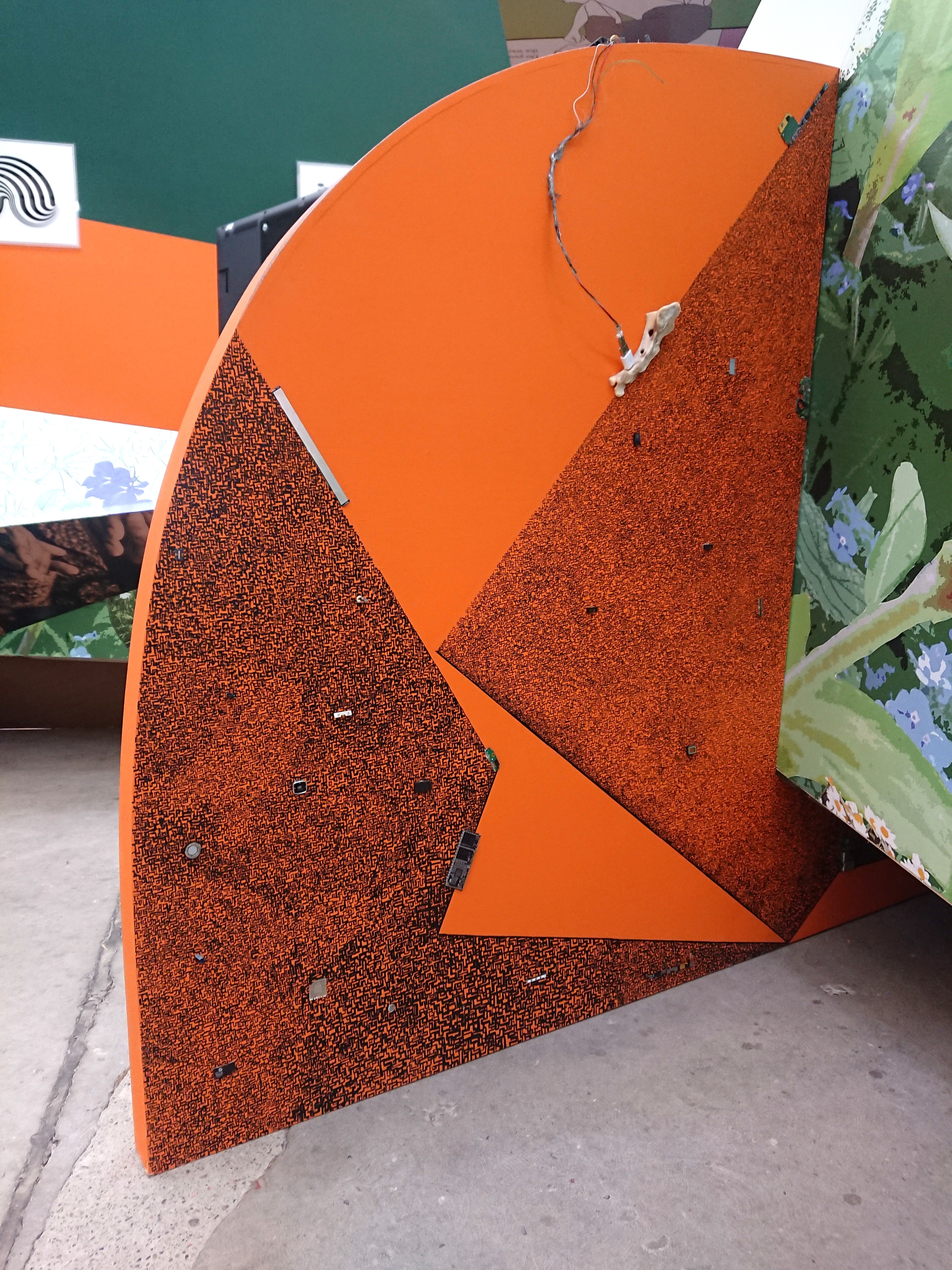 Ishango (2020). 123 x 100 x 10 cm. Ink, circuit board components, found sheep bone, acrylic on plywood