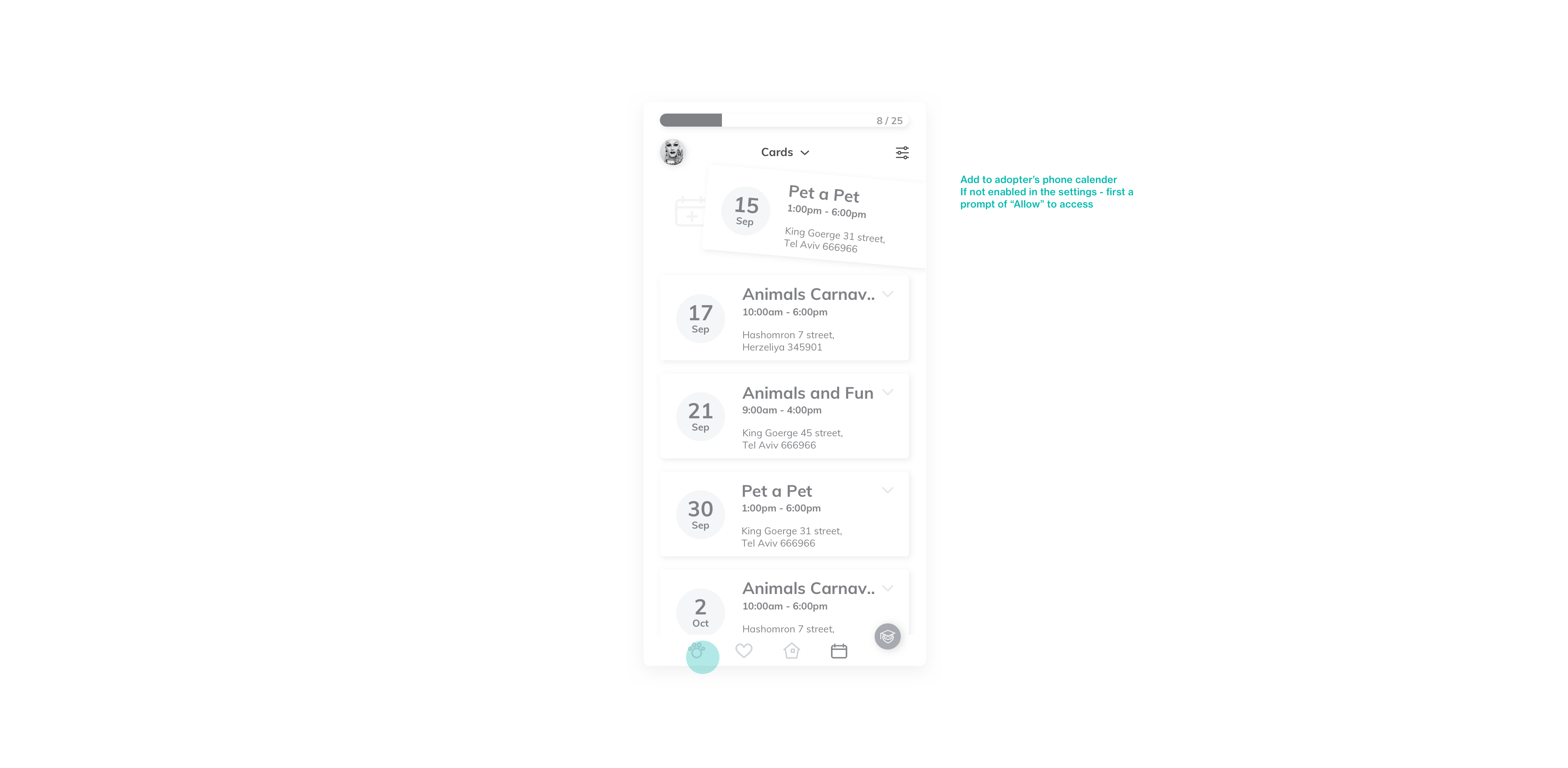 Swiping right to add event to the calendar.